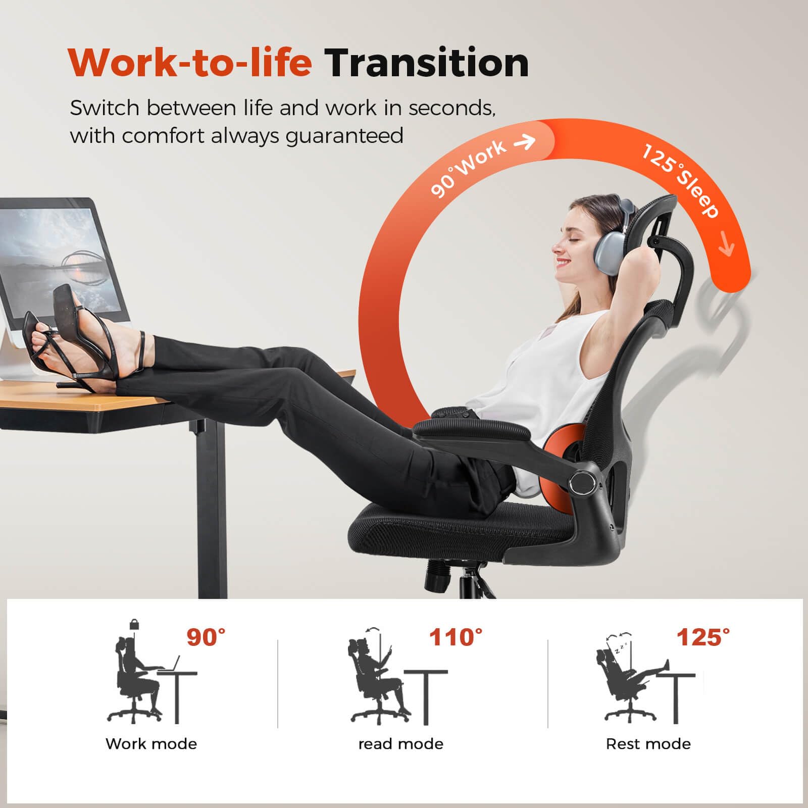 COMHOMA Ergonomic Office Desk Chair with 3D Adjustable Lumbar Support & Headrest - High Back Executive Computer Chair for Back Pain Relief, Flip-Up Armrests, Comfortable Mesh Task Chair (Ergo-Black) - Perfect for Home Office, Gaming, and Long Work Sessions