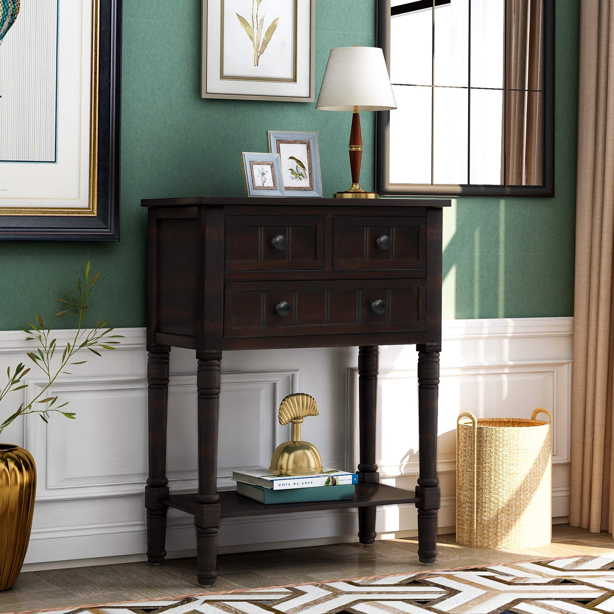 PURLOVE Narrow Console Table - Slim Sofa Table with 3 Storage Drawers & Bottom Shelf for Living Room, Entryway & Hallway - Easy Assembly Modern Side Table (Perfect for Small Spaces, Behind Sofa or as Entryway Decor)