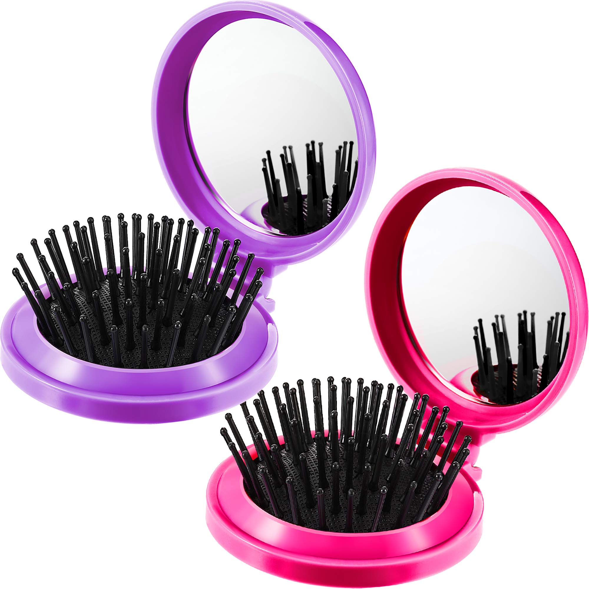 Foldable Travel Mirror Hair Brush 2 Pack - Round Portable Folding Pocket Hairbrush & Mini Comb Set for Men & Women | Compact Travel Size with Massage Bristles (Purple, Rose Red) | Perfect for On-the-Go Styling, Gym Bags & Travel Accessories