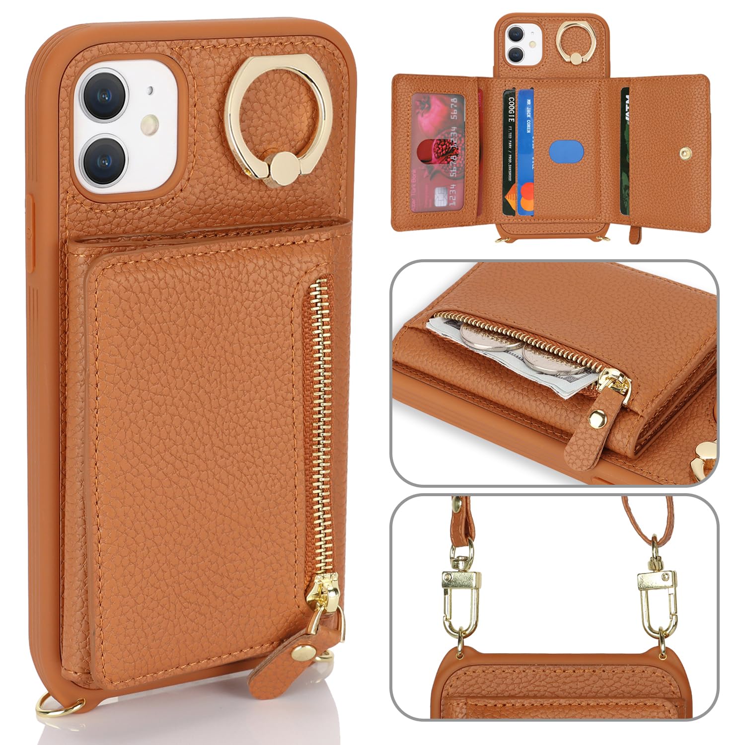 **Premium Leather iPhone 11 Wallet Case with Card Holder, Crossbody Strap & Stand Ring – Zipper Pocket Design for Women (Brown) – Perfect for Travel, Work & Everyday Use**
