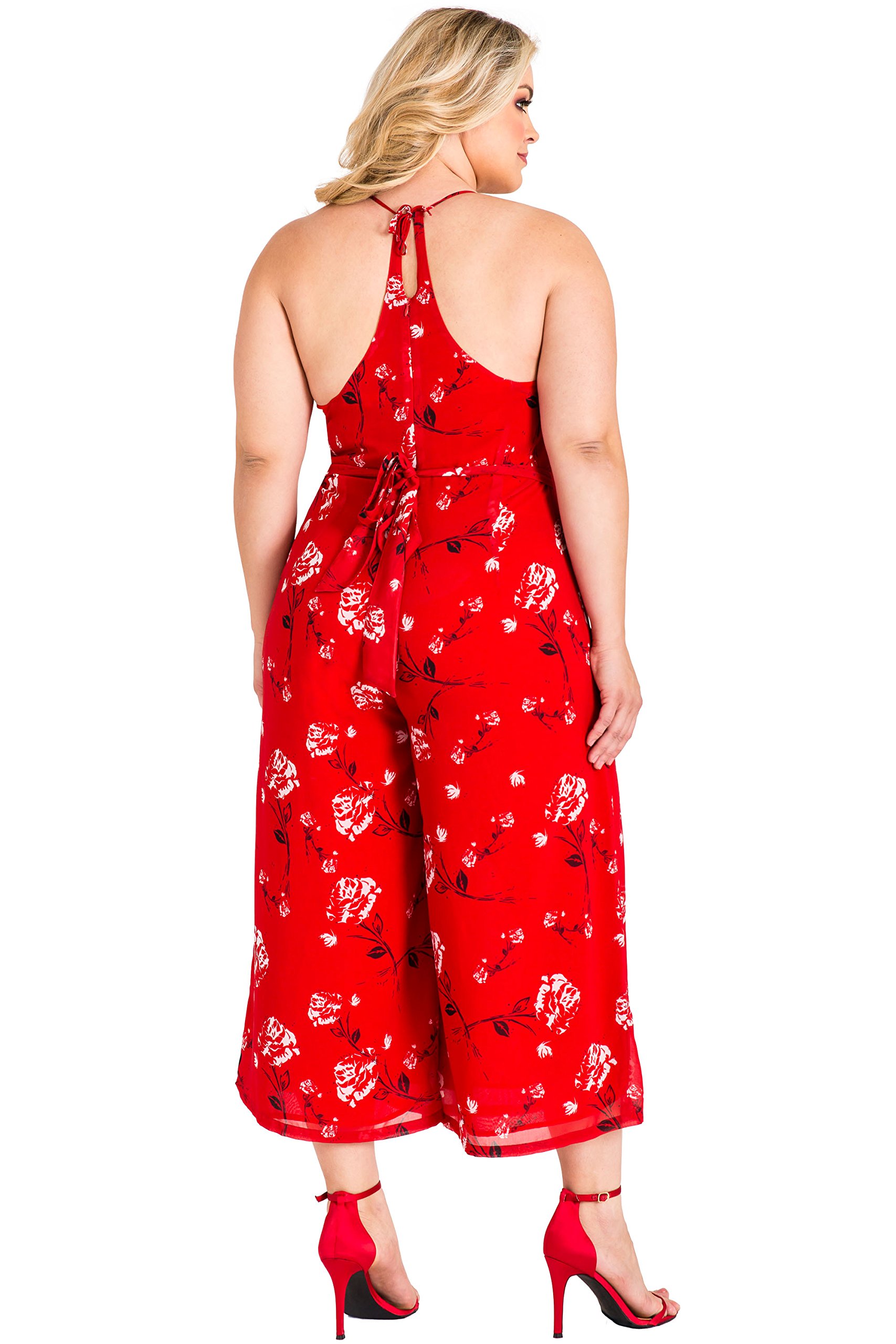 Plus Size Women's Red Floral Chiffon Slit Capri Jumpsuit - Flowy Summer Romper for Casual Wear, Beach Vacation & Date Night Outfits