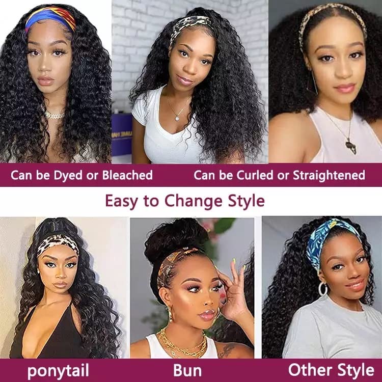 22 Inch Brazilian Curly Headband Wig - 100% Human Hair Deep Wave Glueless Wig with No Lace Front in Natural Colors | Perfect for Daily Wear, Parties & Cosplay