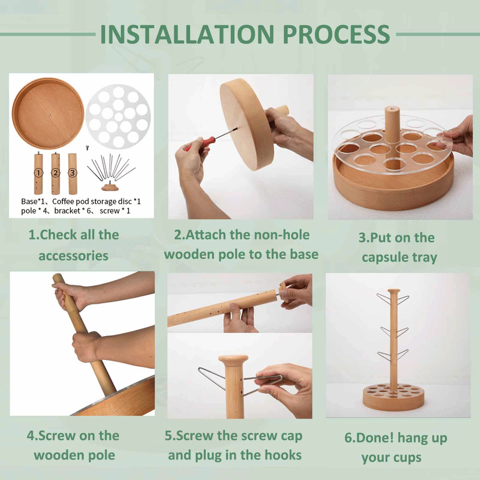 Wooden Mug Tree Coffee Cup Holder - Countertop Organizer for 6 Mugs & 15 Coffee Capsules - Space-Saving Coffee Bar Accessory for Home, Office & Kitchen Decor (Perfect for Coffee Lovers & Small Spaces)