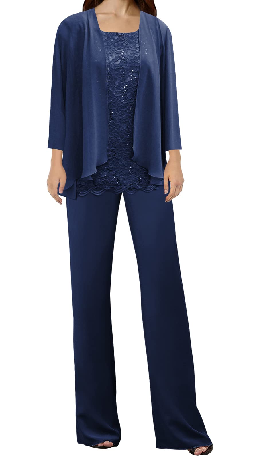 Elegant 3-Piece Mother of Bride Dress Pant Suit - Navy Blue Lace Formal Evening Gown Size 16W | Wedding Guest Outfit, Special Occasion Attire