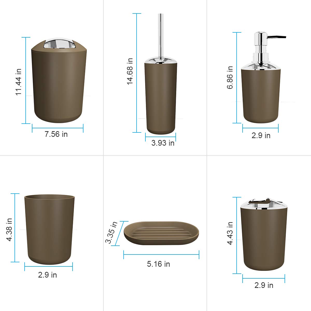 6-Piece Bathroom Accessories Set - Plastic Soap Dispenser, Toothbrush Holder, Tumblers, Soap Dish, Trash Can & Toilet Brush with Drawstring Bags (Brown) | Modern Bathroom Organization for Home, Apartment, Dorm & Guest Bath Decor