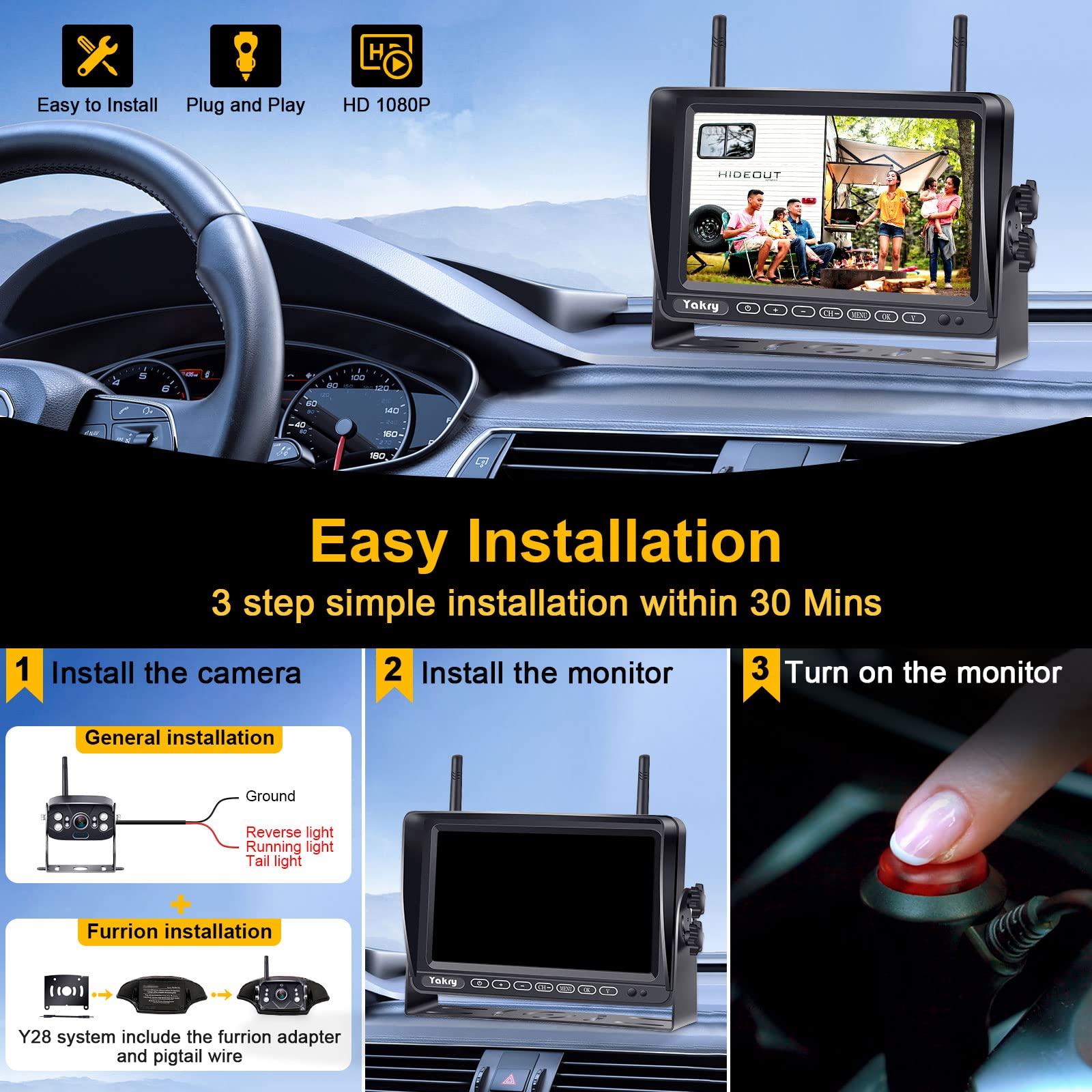 Yakry Y28-36 RV Backup Camera System - Wireless 1080P HD Recording with 7'' Touch Key Monitor, 2 Cameras, Night Vision & 4 Channels | Plug & Play Pre-Wired for Furrion System | Perfect for Trailers, Trucks & Motorhomes (Rear View Safety & Parking Assistance)