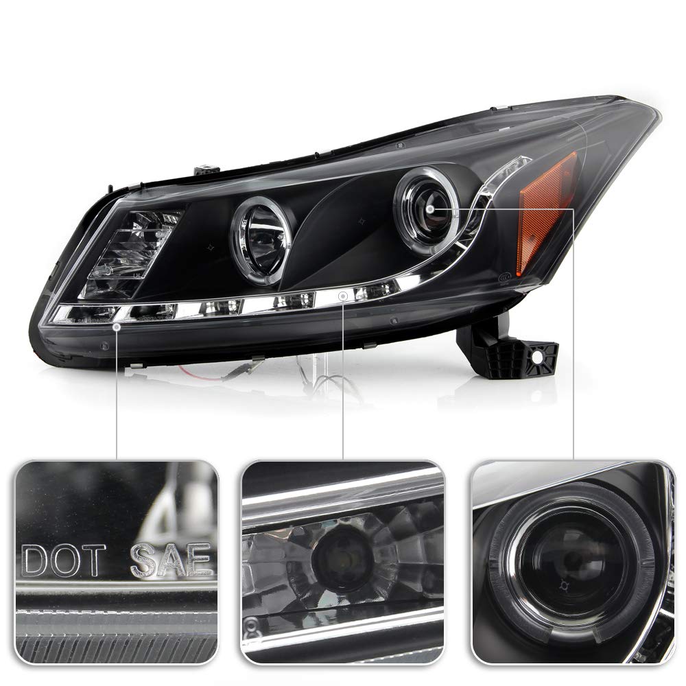 ACANII LED DRL Halo Projector Headlights - Compatible with 2008-2012 Honda Accord 4 Door Sedan, Black Housing, Left & Right Pair - Upgrade Your Night Driving & Style