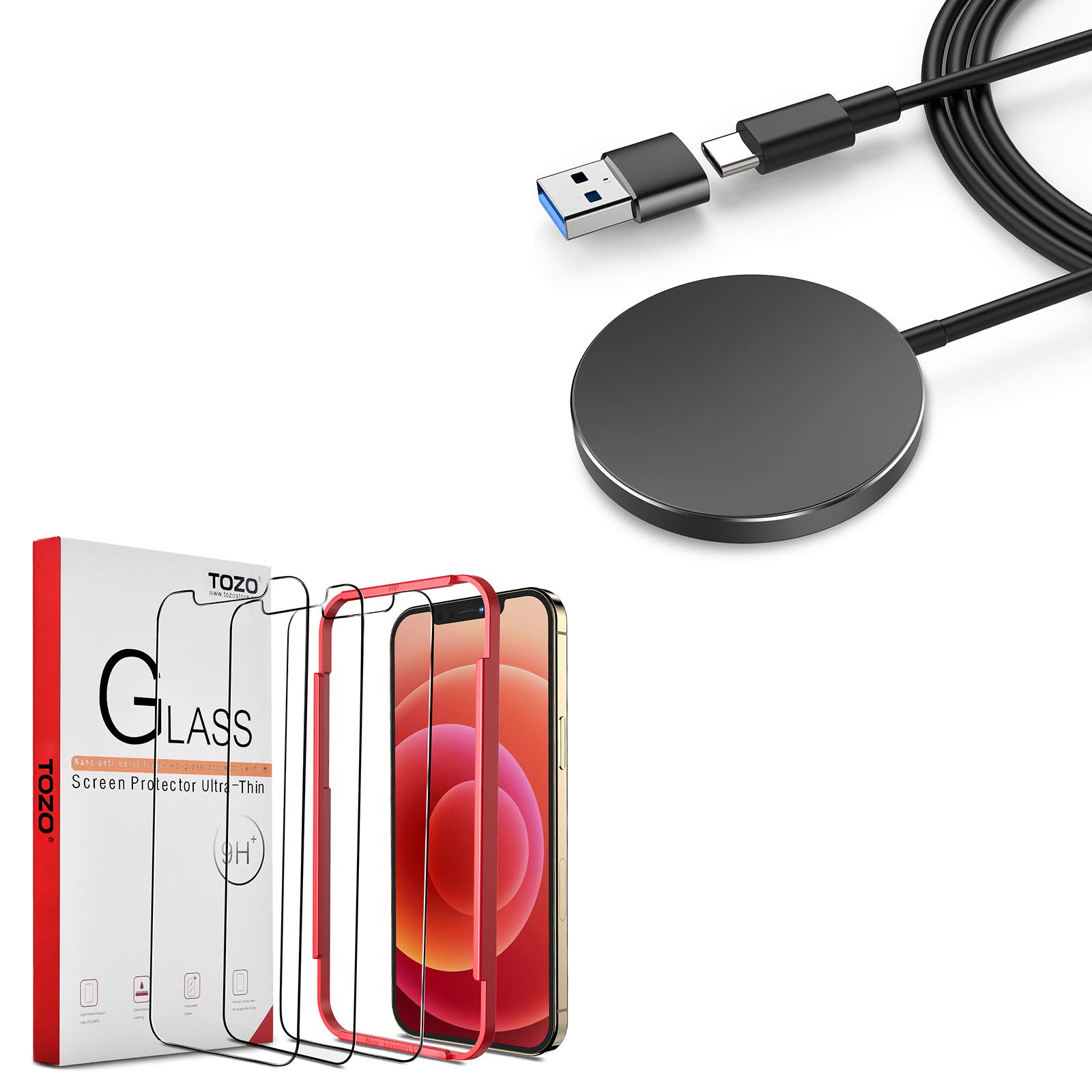TOZO Tempered Glass Screen Protector for iPhone 12/Pro 6.1 Inch [2-Pack] & W6 Fast Wireless Charger - HD Clear, Anti-Scratch, Bubble-Free Installation - Perfect for Home, Office, and Travel Use