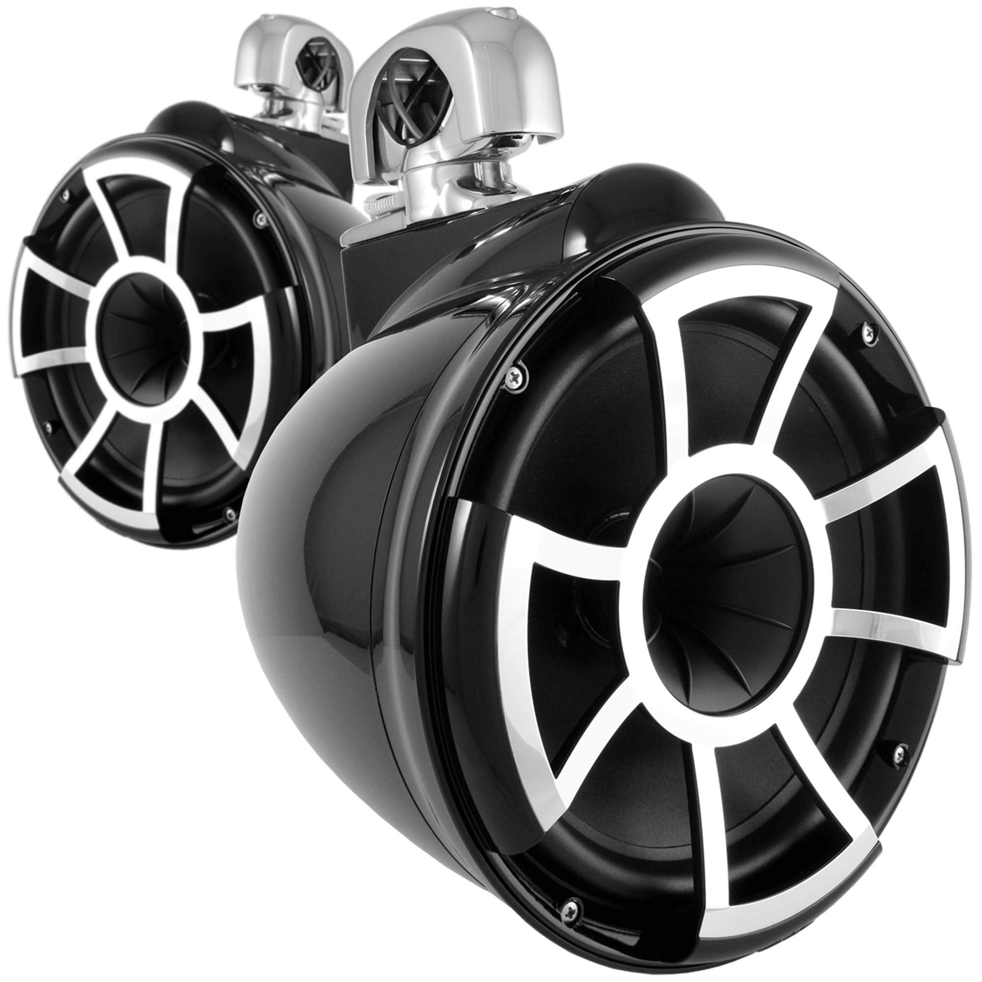 Wet Sounds REV10B-SC 10 Inch Black Marine Tower Speakers with Stainless Steel Swivel Clamps & SYN-DX2.3 1200W Amplifier - Premium Waterproof Boat Audio System for Wakeboarding, Yachting, and Outdoor Water Sports