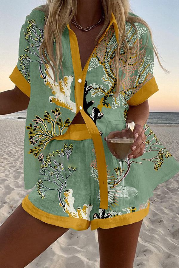 Twig Print Loose Button Elastic Waist Shorts Set - Women's Summer Casual Outfit for Beach, Vacation and Daily Wear