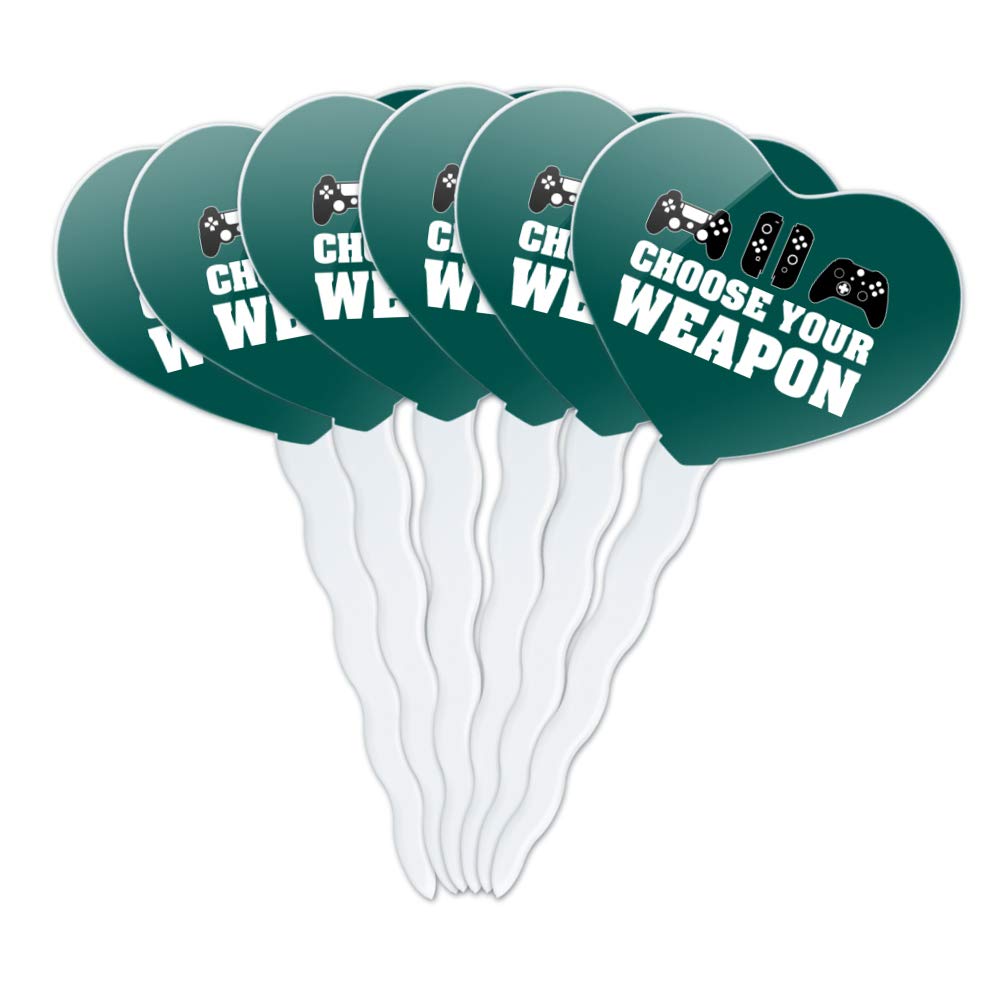 Gamer Heart Love Cupcake Toppers - Set of 6 Weapon-Themed Controller Decorations for Birthday Parties & Gaming Events