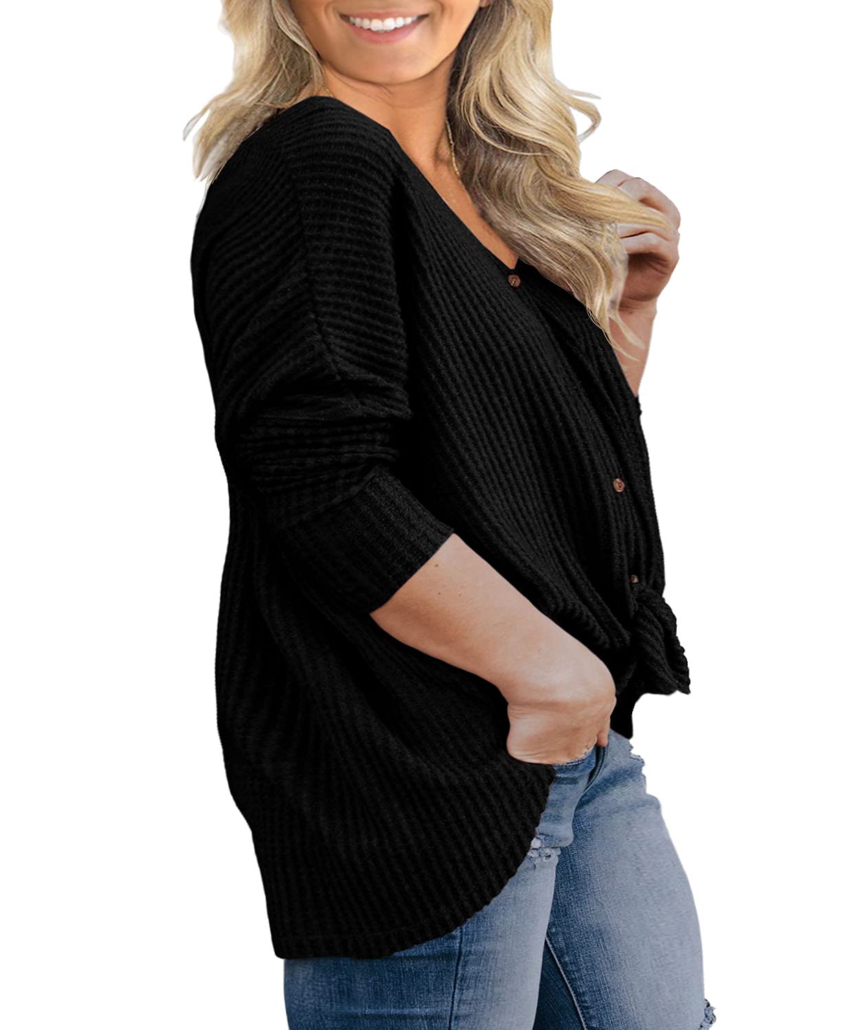 OLRIK Women's Plus Size V-Neck Tie Front Blouse - Long Sleeve Waffle Knit Tunic Top for Casual & Office Wear | Comfortable Button-Up Shirt for Work & Everyday Outfits