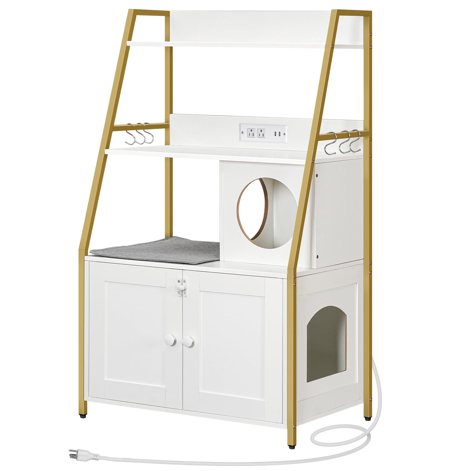 HOOBRO Tall Cat Litter Box Enclosure with 2 Storage Shelves & Charging Station - Hidden Litter Box Furniture with Cat House & Plush Mat - White & Gold Modern Cat Furniture for Small Spaces | Perfect for Apartments, Living Rooms & Bedrooms