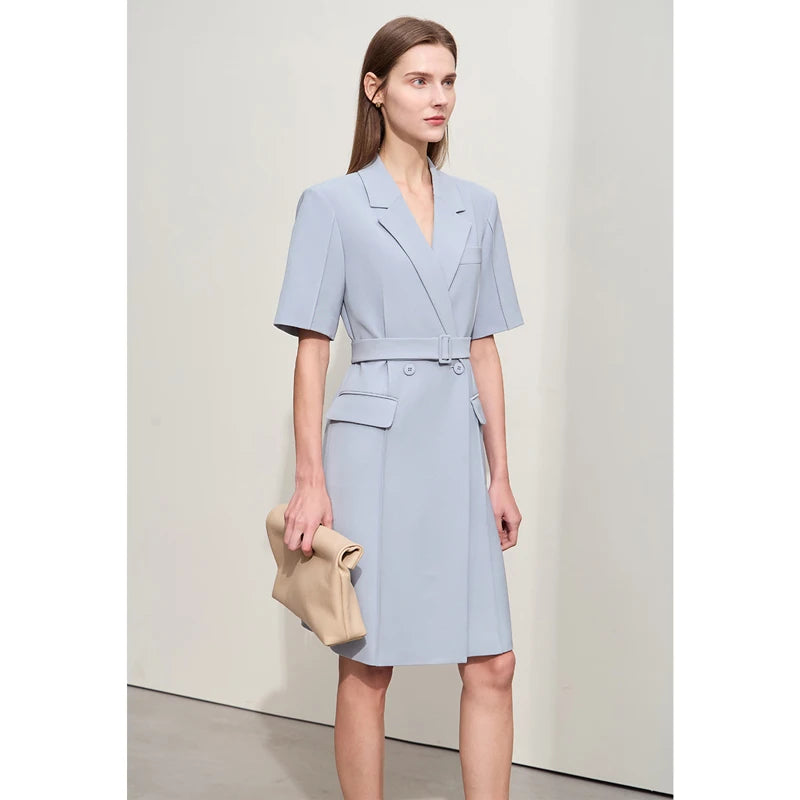 Elegant Minimalist Blazer Dress for Women - Spring New Turn Down Collar Belted Short Sleeve Pleated Dress | Office Wear, Cocktail Party, Business Casual Outfit