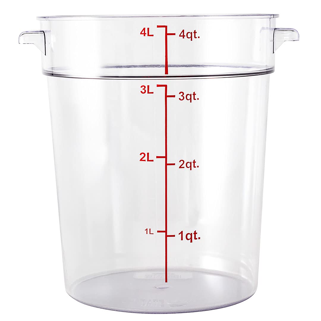 Restaurantware Met Lux 4 Quart (3.8L) Clear Plastic Food Storage Containers - 10-Pack Round Commercial Food Prep Buckets with Volume Markers (Lids Sold Separately) - Ideal for Restaurant Kitchen, Catering, Meal Prep & Bulk Food Storage