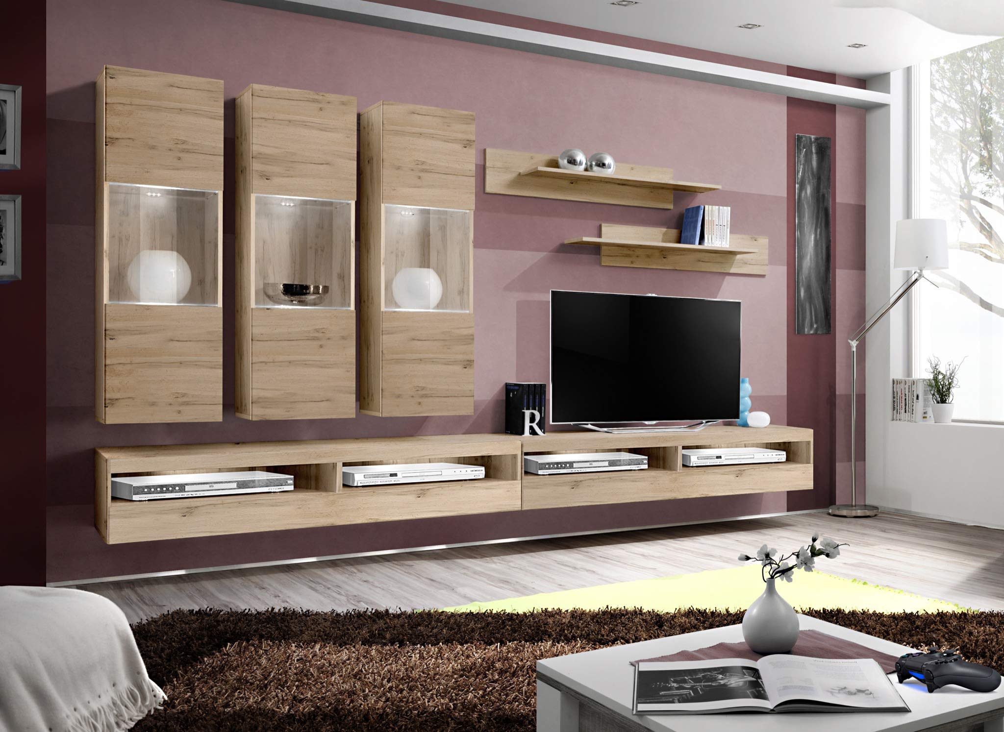 Modern Oak TV Stand - Wall-Mounted Entertainment Center with Storage Shelves for Living Room & Bedroom - Fly E2 35 TV Console - Perfect for Small Spaces & Home Theater Setup
