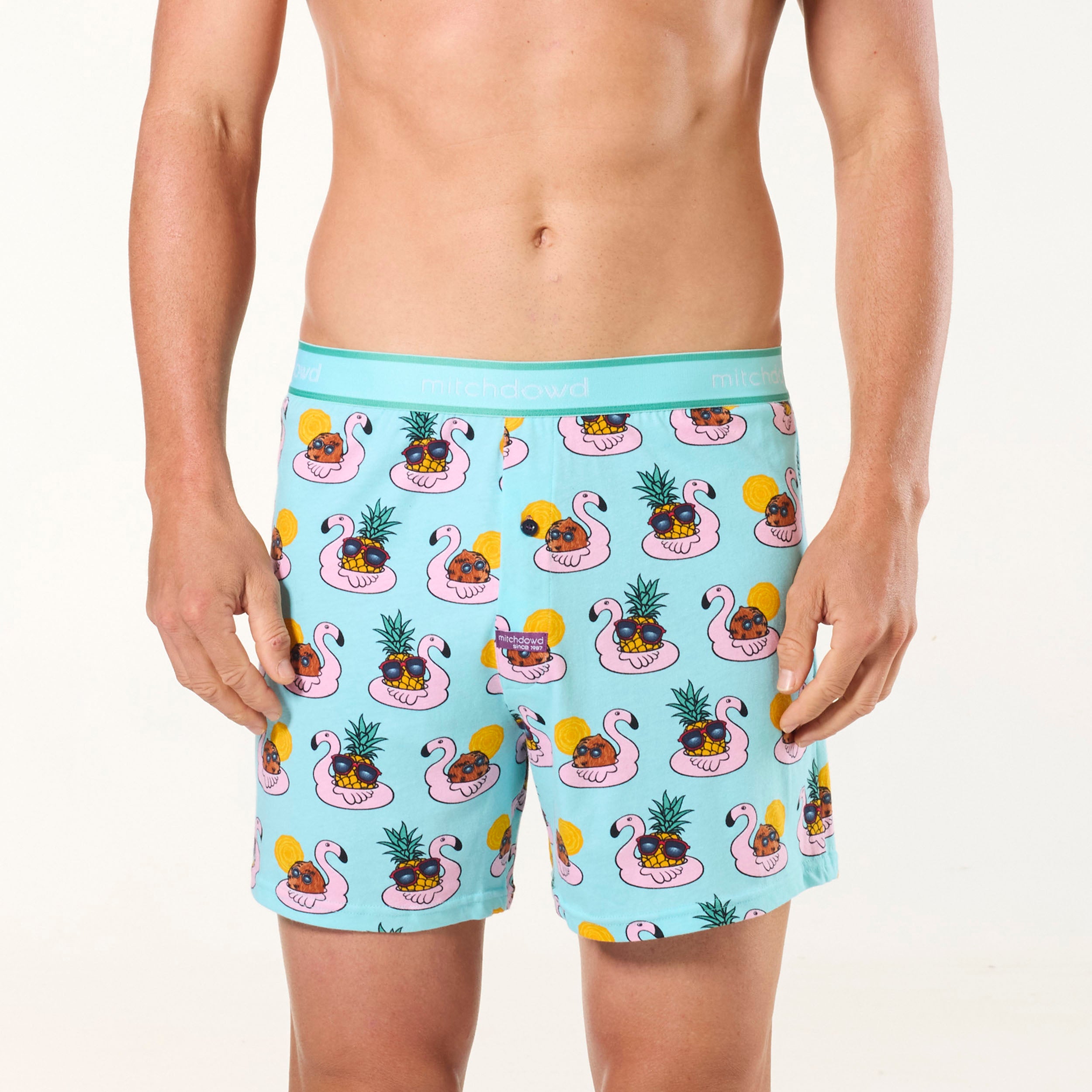 Men's Flamingo Colada Cotton Loose Fit Knit Boxer Shorts - Breathable & Comfortable Underwear for Sleep, Lounge & Vacation - Blue
