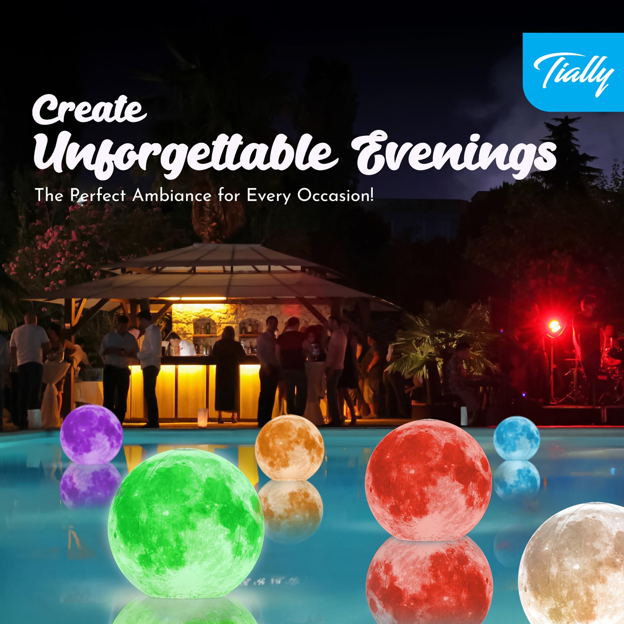 TIALLY Full Moon Floating Lights - Solar Powered Inflatable LED Ball Lights for Pool, Pond, Garden, Wedding & Party Decor - Waterproof Outdoor Lighting (4 Pack) - Perfect for Night Swimming, Backyard Parties & Romantic Ambiance