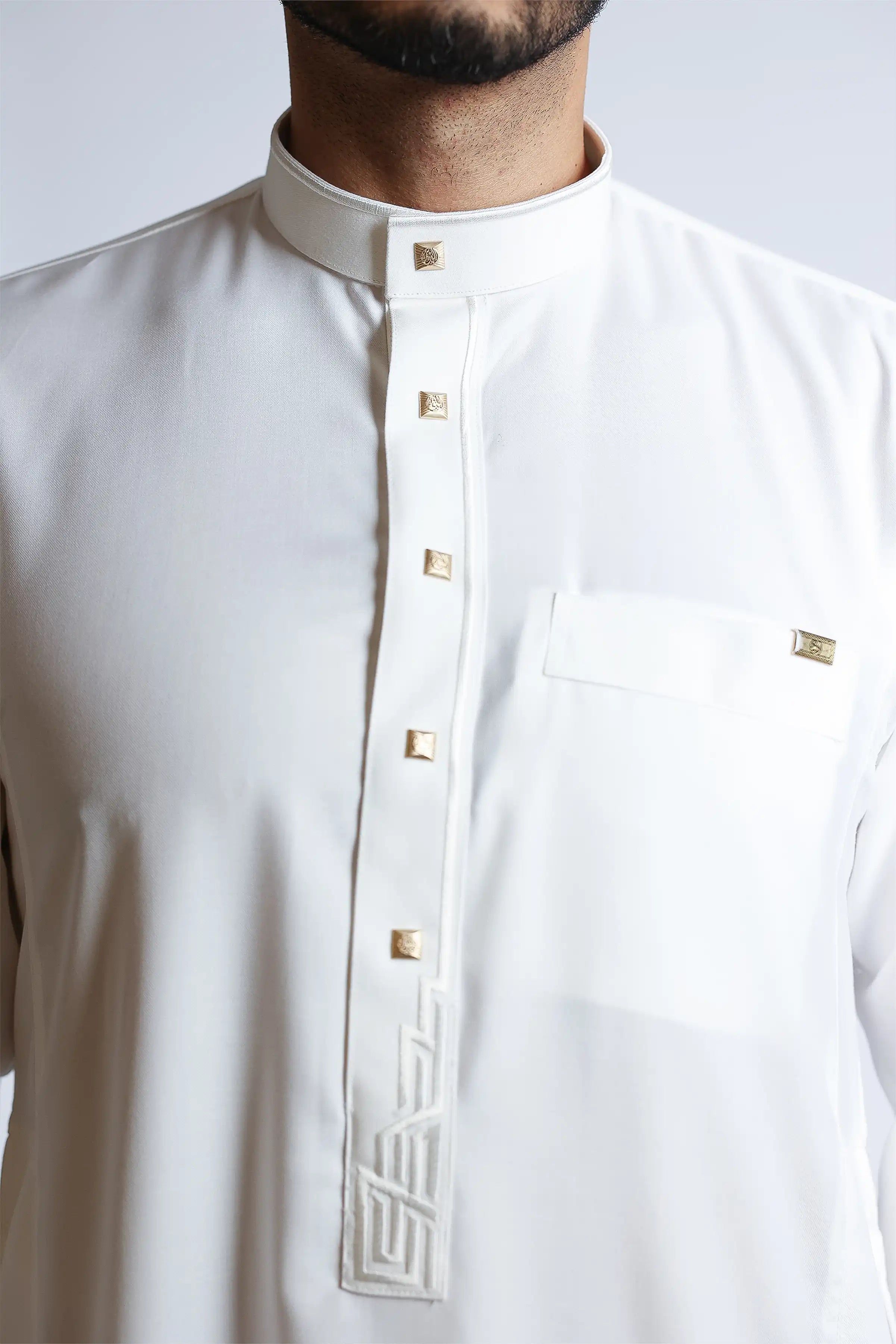 Premium J132 Cream Embroidered Thobe for Men - Traditional Islamic Robe for Eid, Ramadan & Special Occasions