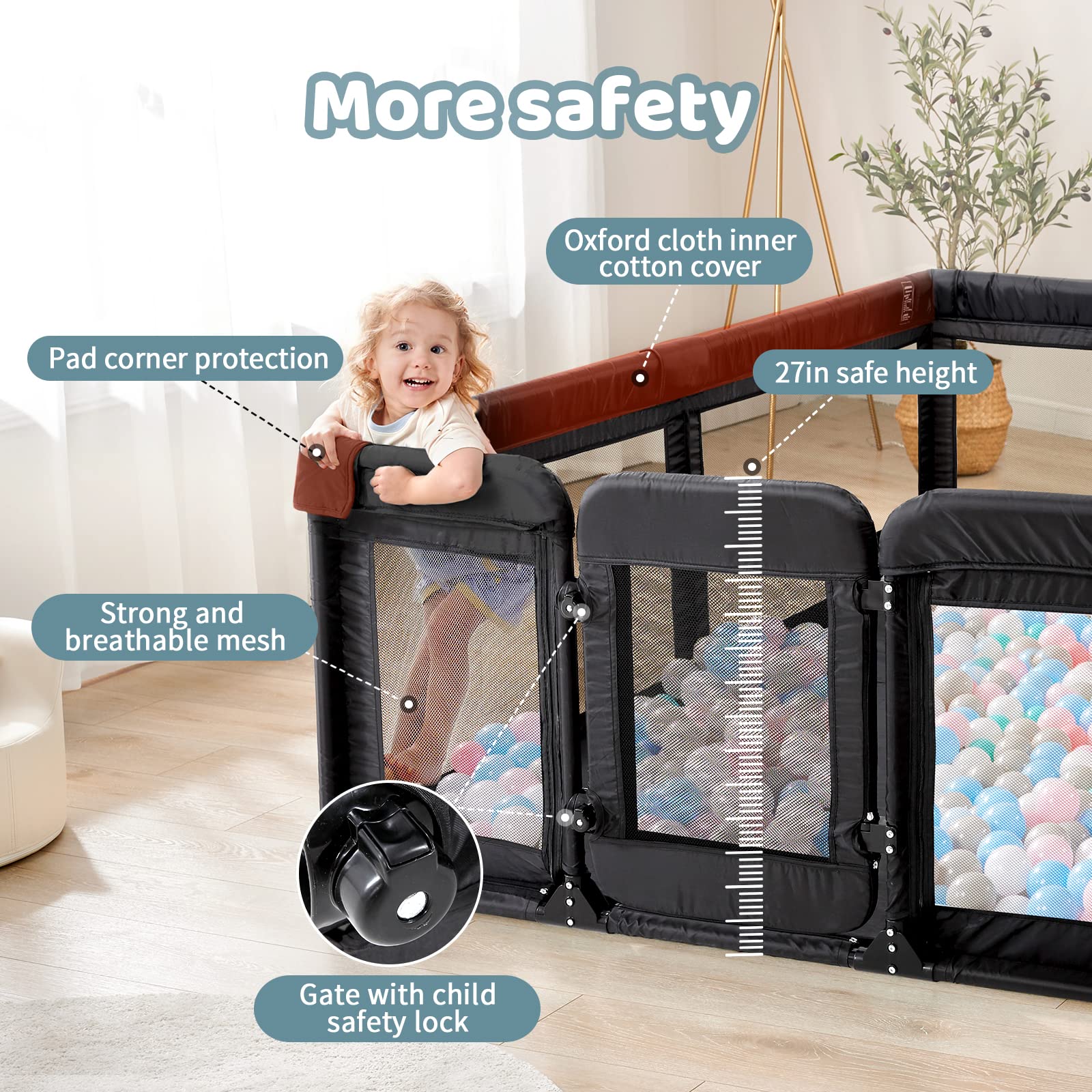 Extra Large Baby Playpen with Door - 79x71in Safety Play Yard for Babies & Toddlers | Indoor Activity Center & Baby Fence | Perfect for Home, Nursery & Playtime (Black)