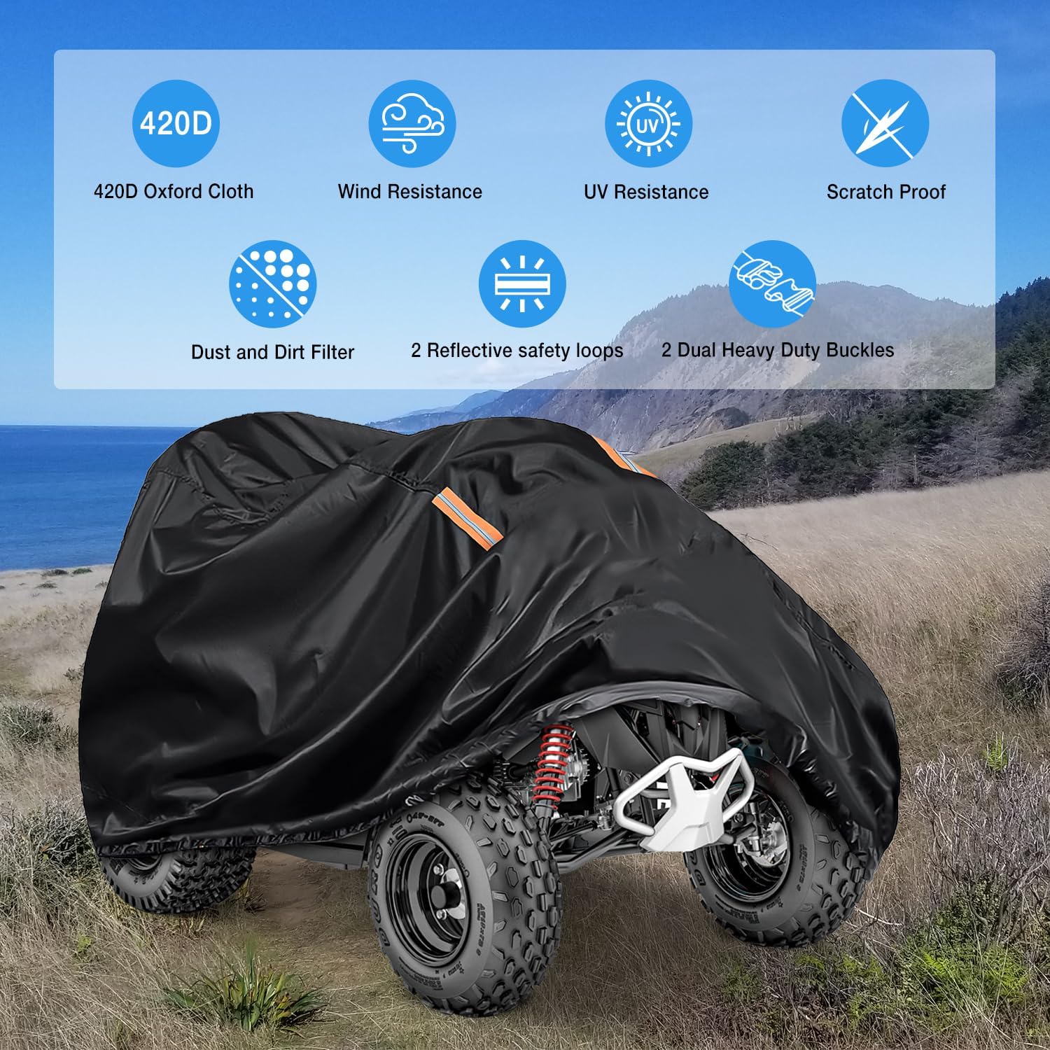 Waterproof ATV Cover 420D Heavy Duty Ripstop - All Weather Protection for 4 Wheeler, Snow Rain UV Resistant, Fits up to 86 Inch - Ideal for Outdoor Storage & Winter Protection