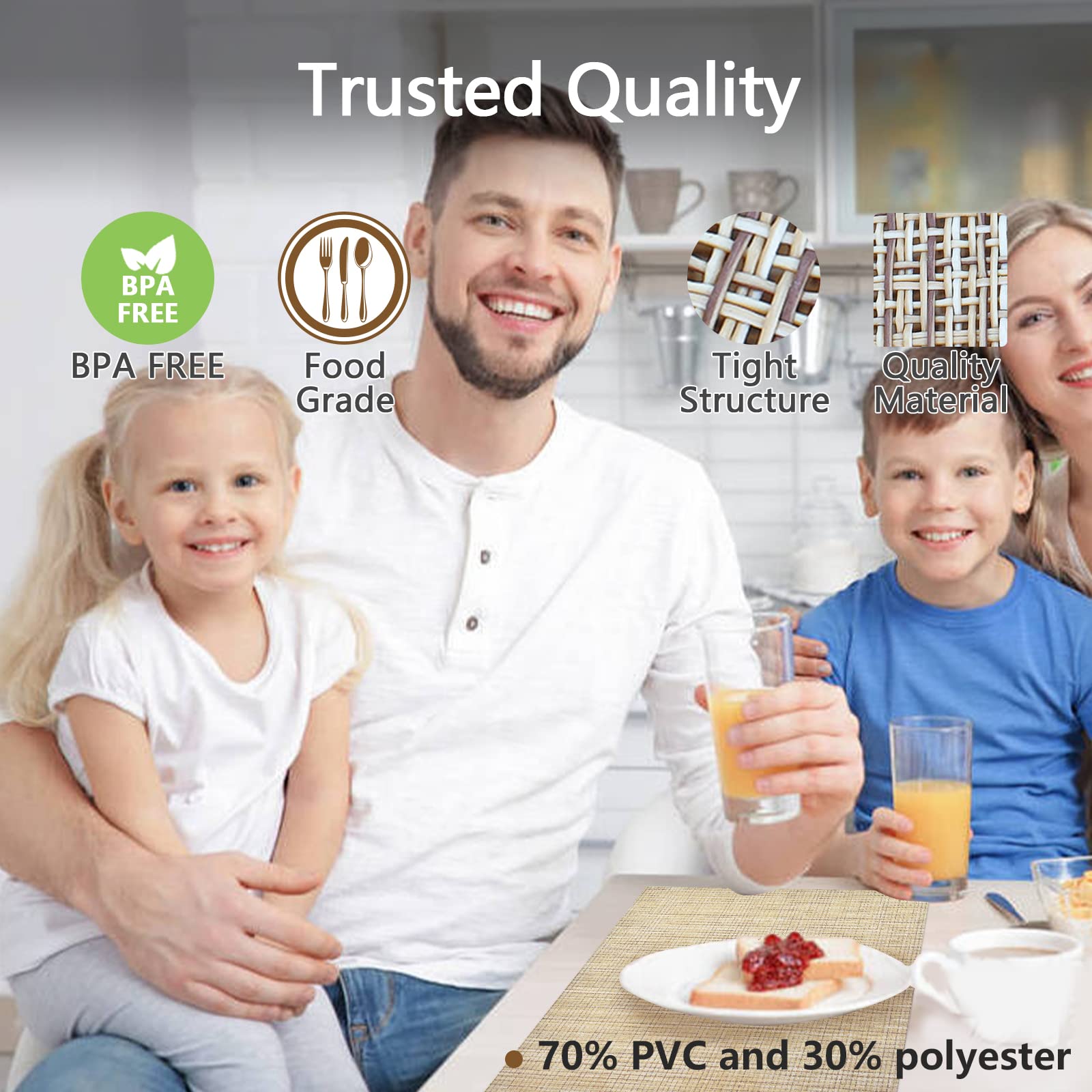4-Pack Woven Vinyl Placemats for Dining Table - Waterproof & Washable Beige Placemat Set for Indoor/Outdoor Use - Perfect for Kitchen, Patio, and Picnic Settings