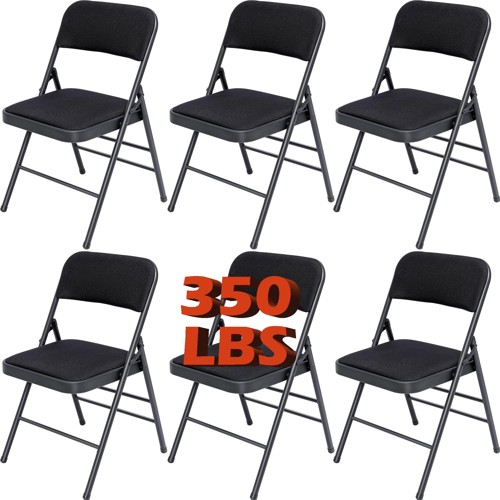 6 Pack Black Folding Chairs with Padded Seat & Back - Stackable Fabric Dining Chairs for Home, Office, Wedding - Portable Commercial Foldable Chairs for Indoor & Outdoor Events - Perfect for Parties, Banquets, Picnics and Camping
