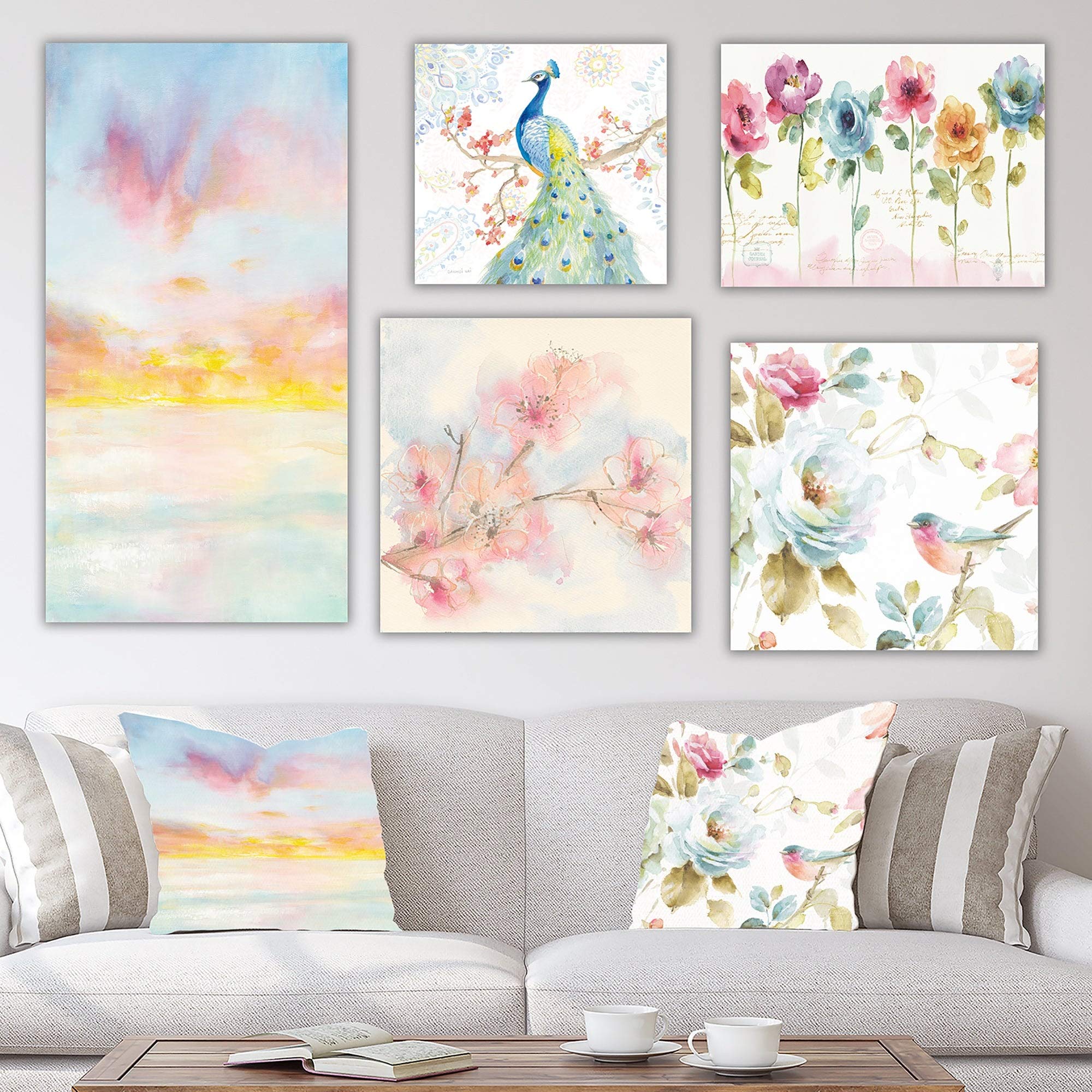 Peacock Collection Traditional Wall Art Set - 5 Piece Hand-Painted Canvas Prints for Living Room, Bedroom & Office Decor
