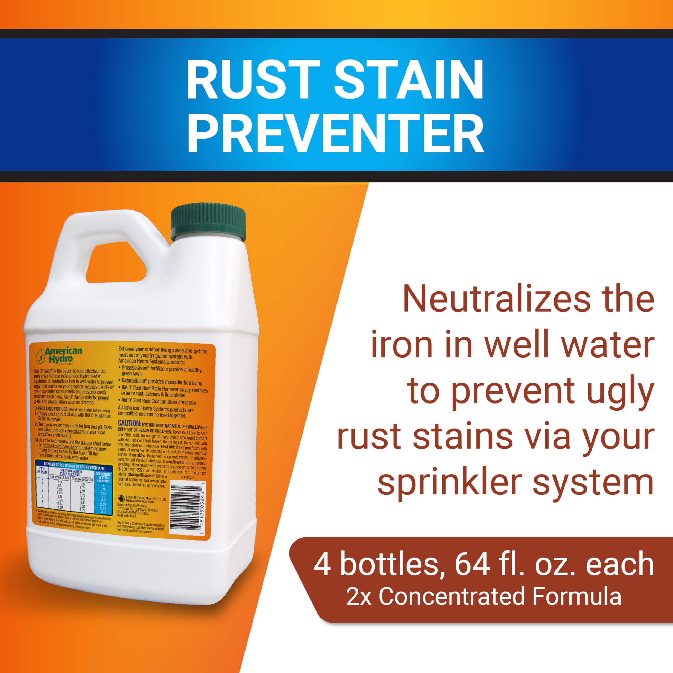 Rid-O-Rust Outdoor Rust Preventer Concentrate - 64 fl oz (4-Pack) | Prevents Rust Stains from Irrigation Water | Ideal for Lawn Sprinklers, Garden Tools & Metal Fences