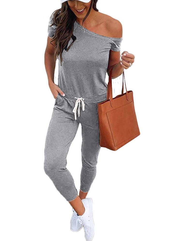 QUEENIE VISCONTI Women's Off Shoulder Jumpsuit - Short Sleeve Casual Romper with Skinny Long Pants & Pockets | Perfect for Summer Outfits, Beach Vacations, and Night Out Parties
