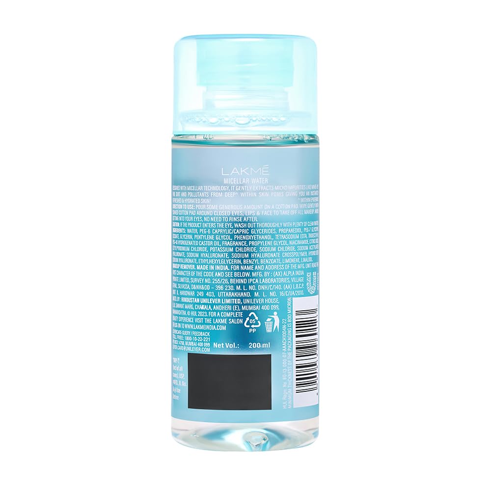 LAKMÉ Micellar Water: Hydrating & Soothing Facial Cleanser | Gentle Makeup Remover for Sensitive Skin | 200ml Micellar Cleansing Water | Perfect for Daily Skincare & Travel Essentials