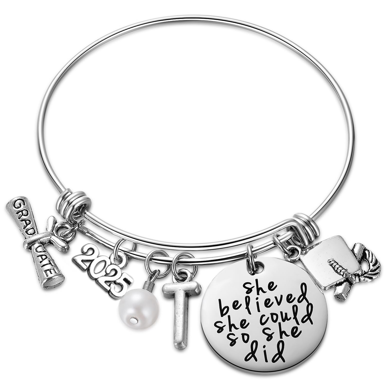 Ukodnus Class of 2025 Graduation Gift Bracelet - Personalized 26 Initial Charm Bracelet for High School & College Seniors - Inspirational Graduation Jewelry for Women - Perfect Gift for Graduation Ceremony, Senior Week & Alumni Reunions