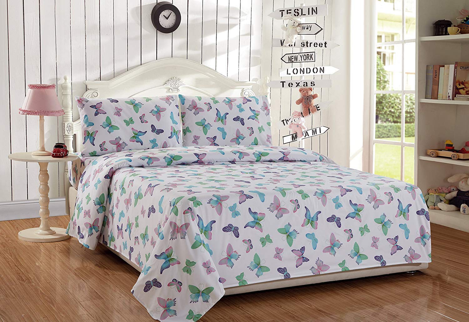Linen Plus Queen Size Sheet Set - Butterfly Print in Purple, White, Green, Turquoise & Pink | Soft Bedding for Girls, Teens & Adults | Perfect for Kids' Rooms, Dorm Decor & Guest Bedrooms