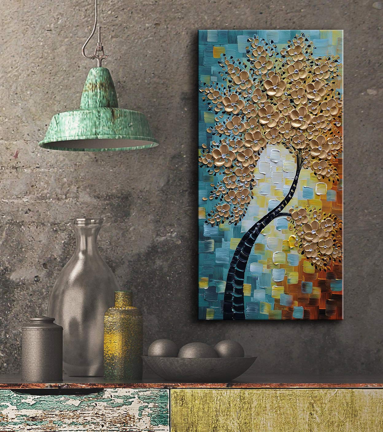 YaSheng Art - 3D Abstract Tree Oil Painting on Canvas with Golden Flowers, Modern Textured Wall Art for Living Room & Bedroom Decor, Ready to Hang (24x48 Inches) - Perfect for Home, Office & Gift Giving