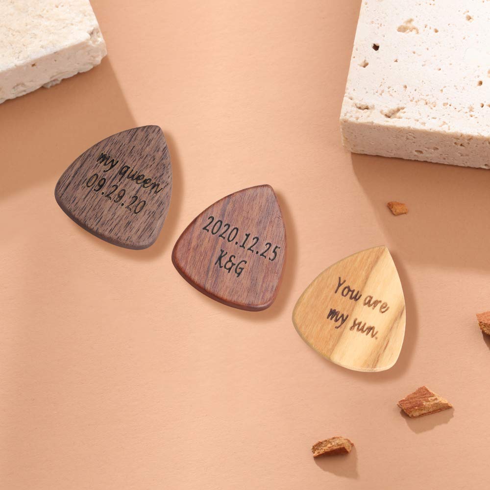Custom Engraved Wooden Guitar Picks 3 Pack - Personalized with Text & Date - Electric Bass Guitar & Ukulele Accessories - Unique Music Gifts for Christmas & Birthdays - Wooden/Peach/Mahogany Picks for Musicians & Collectors - Perfect for Performances, Practice & Special Occasions