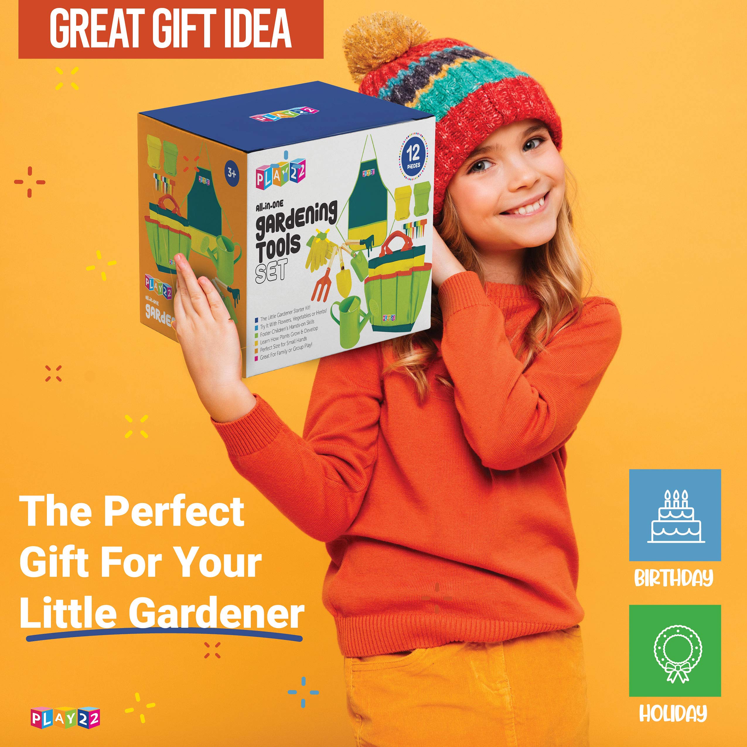 Play22 Kids Gardening Tool Set 12 PCS - Complete Gardening Kit with Shovel, Rake, Fork, Trowel, Apron, Gloves, Watering Can & Tote Bag - Best Outdoor Educational Toys for Toddlers & Children - Perfect for Backyard Planting, School Projects & Nature Exploration Activities