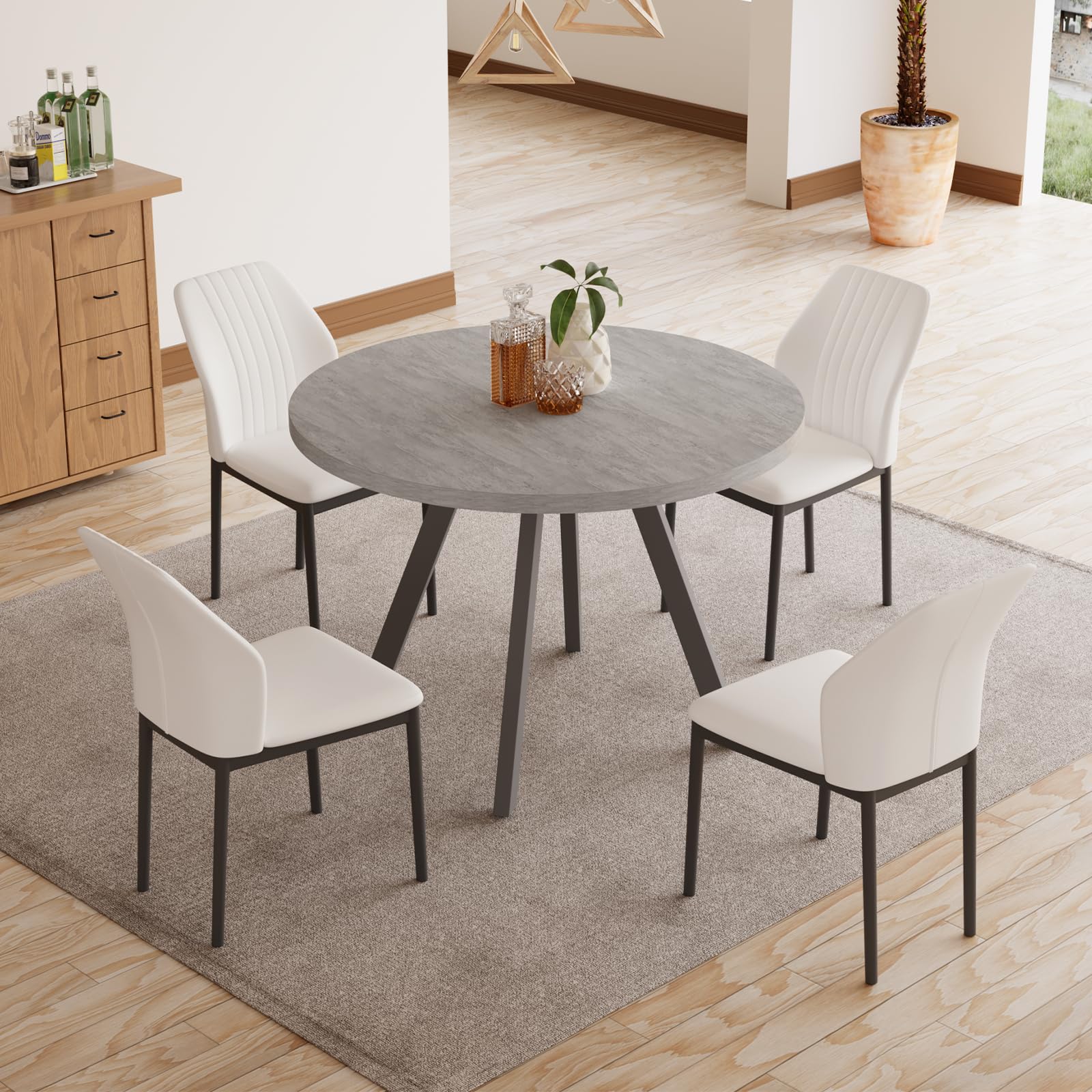 Space-Saving 4-Piece Dining Table Set with Grey Table & 4 White Chairs - Perfect for Small Apartments, Kitchen & Dining Room | Compact Furniture for Cozy Meals & Entertaining