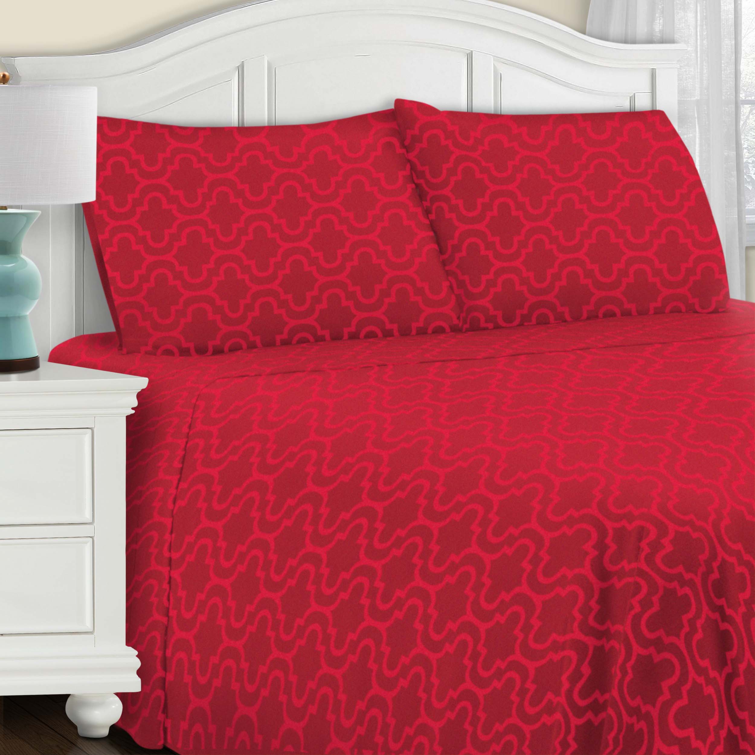Soft Cotton Flannel Trellis Pattern Deep Pocket Sheet Set - Queen Size, 4-Piece Bedding Set for Cozy Winter Nights & Cold Weather Comfort