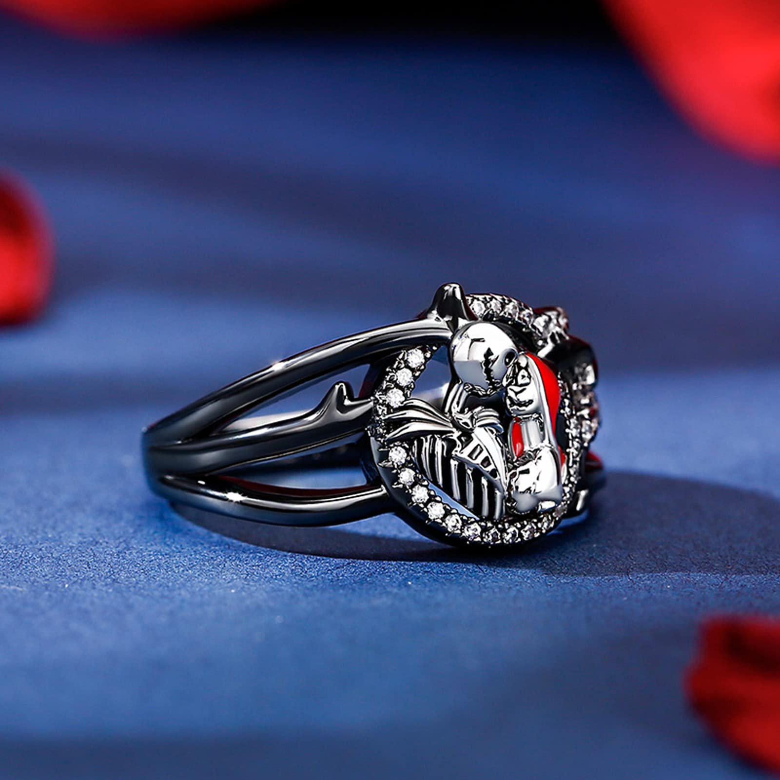 Gothic Skull Diamond Ring Sterling Silver Jack & Sally Skeleton Band - Halloween Jewelry for Women, Engagement & Anniversary Gift with Gift Box | Perfect for Christmas, Cosplay & Gothic Fashion