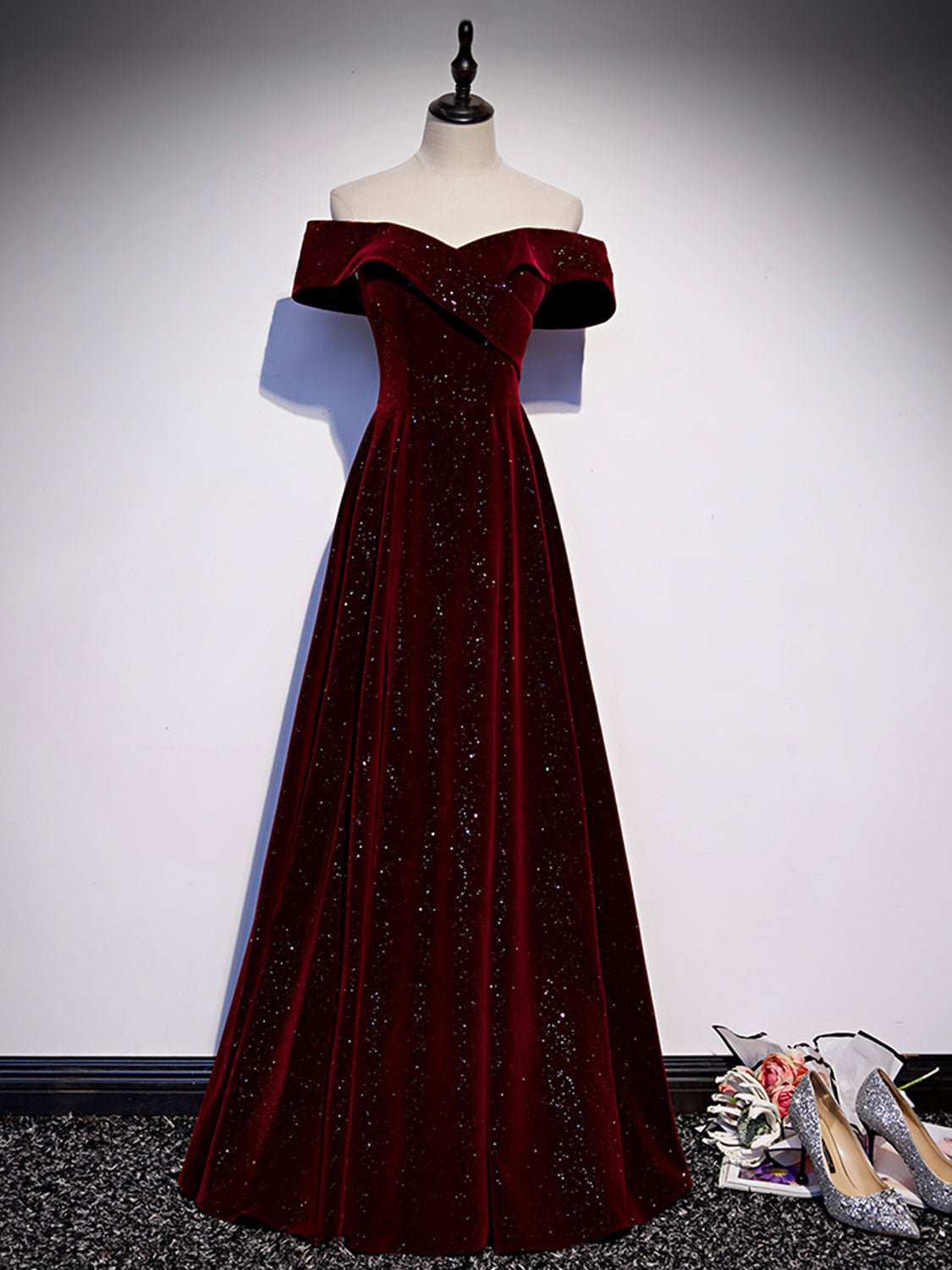 Elegant A-Line Off Shoulder Velvet Burgundy Dress for Women - Perfect for Evening Parties, Date Nights & Special Occasions