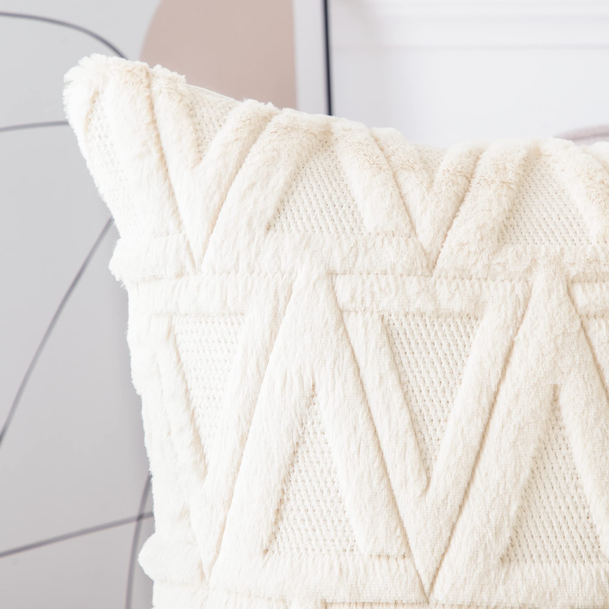 Soft Beige Plush Wool Throw Pillow Covers Set of 2 - Velvet Boho Decorative Pillowcases 20x20 Inch for Sofa, Bedroom & Living Room - Cozy Home Decor Accent