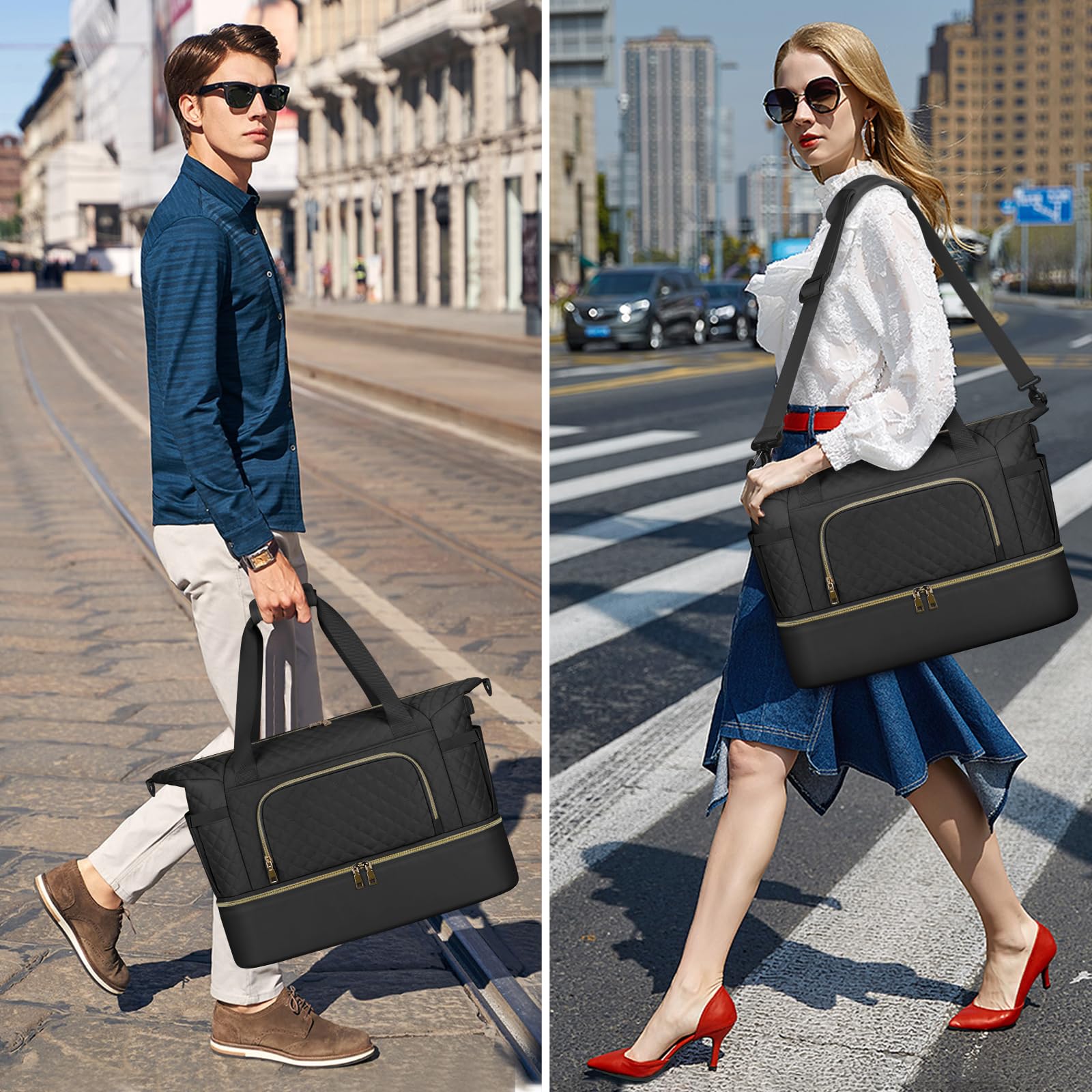 Large Duffle Gym Bag for Women - Waterproof Travel Weekender with Wet Pocket, USB Charging Port & Shoe Compartment - TSA Approved Carry On for Sports, Overnight Trips & Hospital Visits (Includes Toiletry Bag, Black) - Perfect for Gym, Travel, Workouts & Weekend Getaways