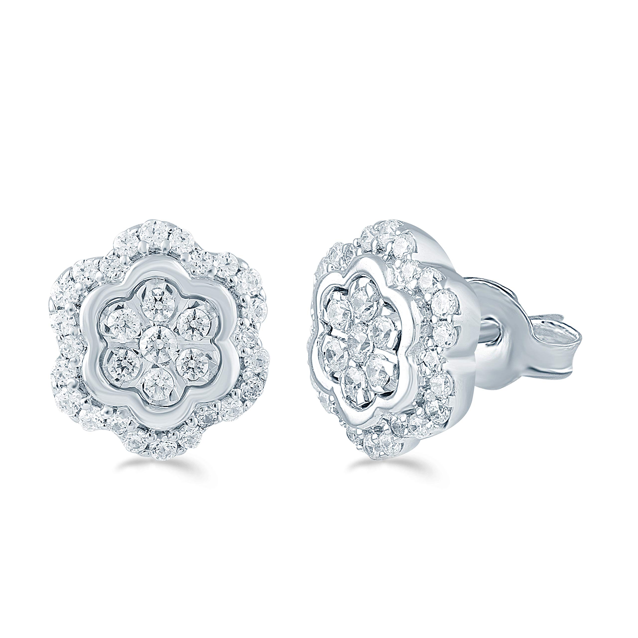 Women's Sterling Silver Floral Cluster Round Diamond Stud Earrings | 1/4 Cttw to 1/2 Cttw | Perfect for Weddings, Anniversaries & Special Occasions