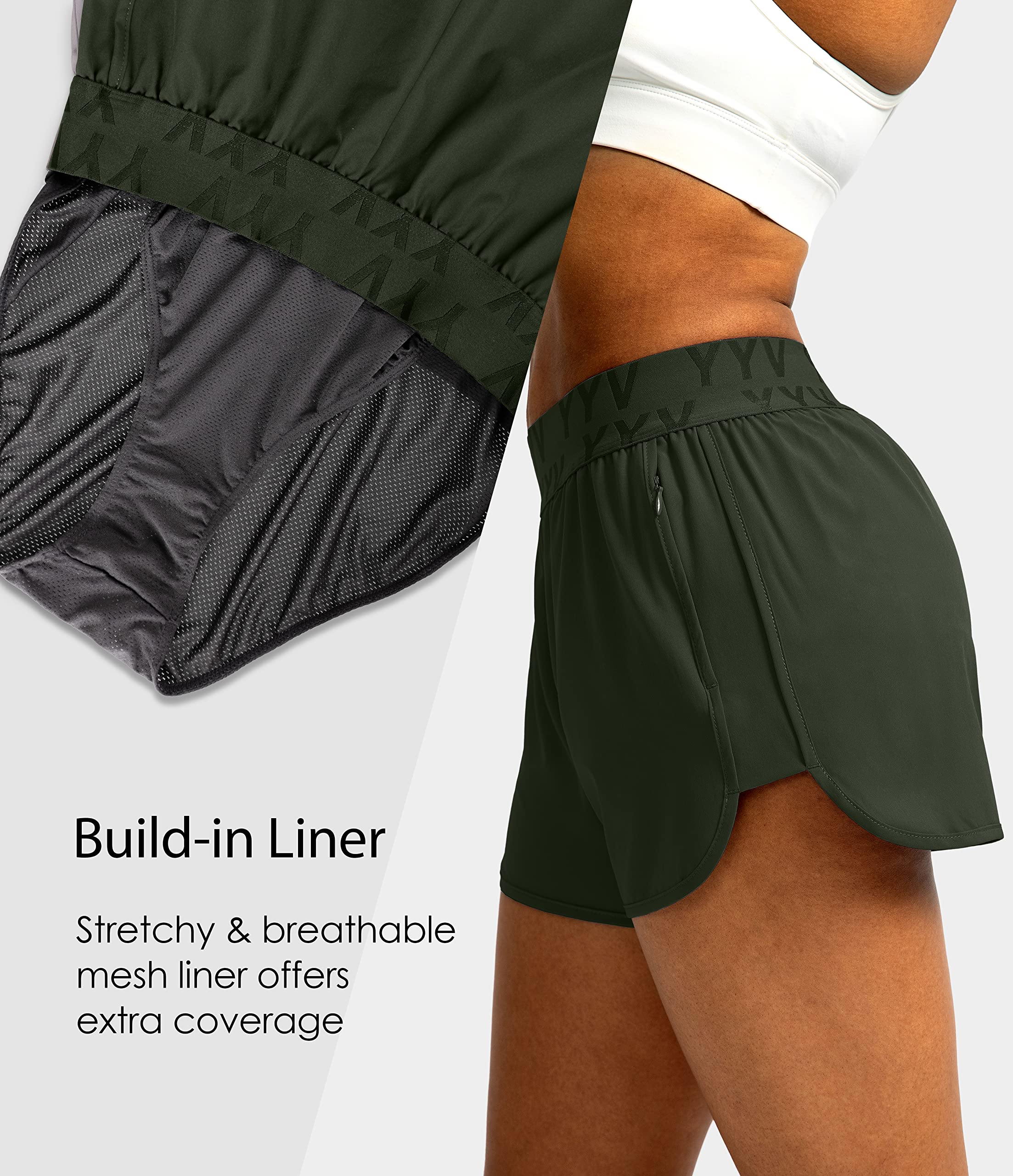 YYV Women's Running Shorts with Zipper Pockets - Quick-Dry Elastic Waist Athletic Gym Shorts with Liner - Perfect for Jogging, Workouts & Outdoor Activities