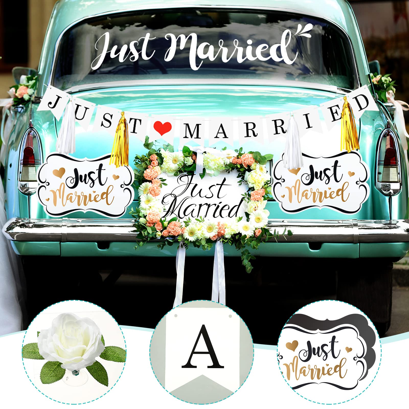 9 Pcs Just Married Car Decorations Set - Magnetic Wedding Car Signs, Banners, Decals & Silk Ribbon Flowers with Pearl Buds - Perfect for Bridal Sendoff, Wedding Procession & Honeymoon Getaway