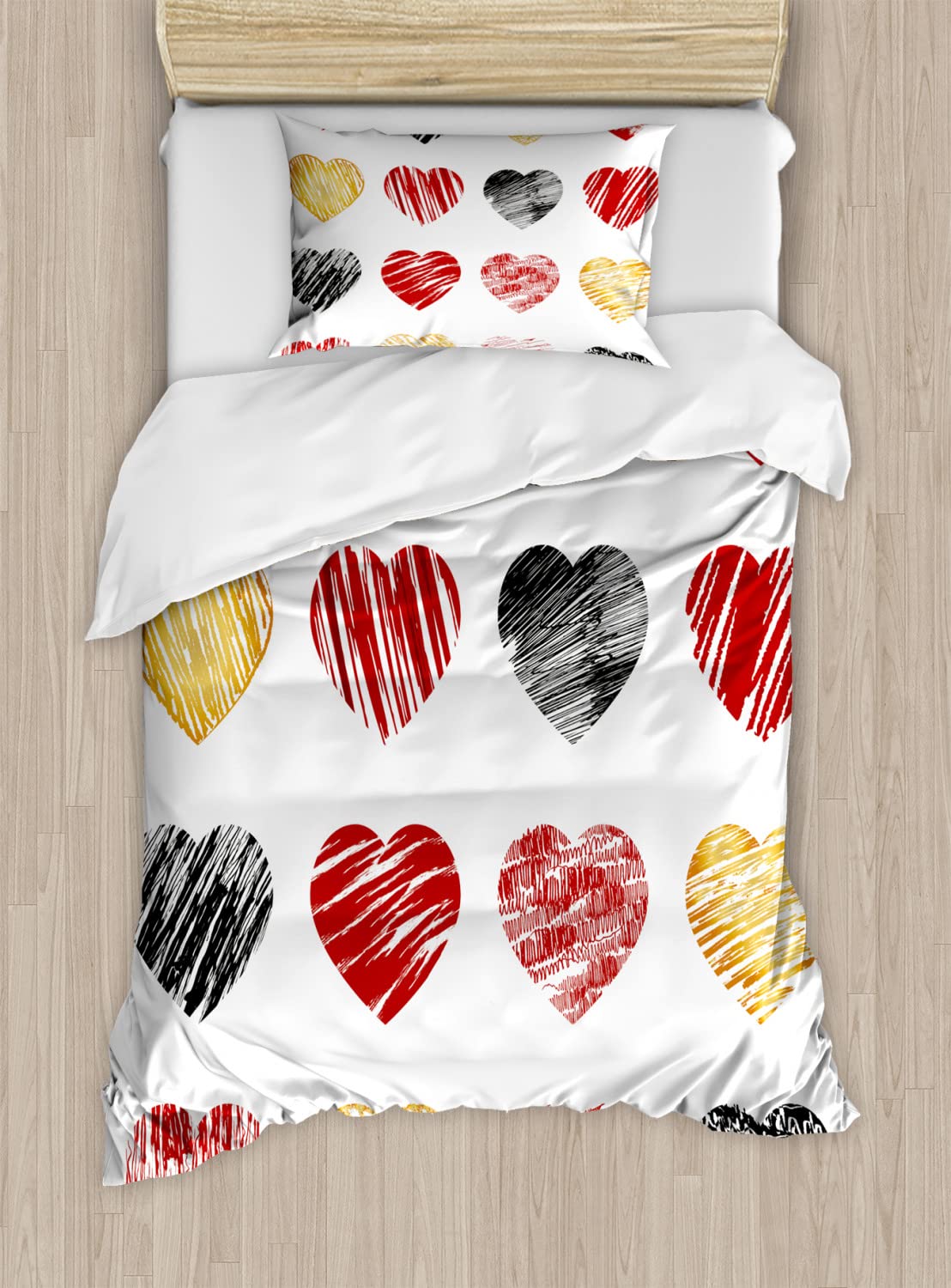 Ambesonne Romance Duvet Cover Set - Hand-Painted Valentine's Heart Design, Wedding Theme Bedding (2 Twin Size Duvet Covers & 2 Pillowcases) in Pale Coffee, Black & Red | Perfect for Couples, Anniversary Gifts & Romantic Bedroom Decor