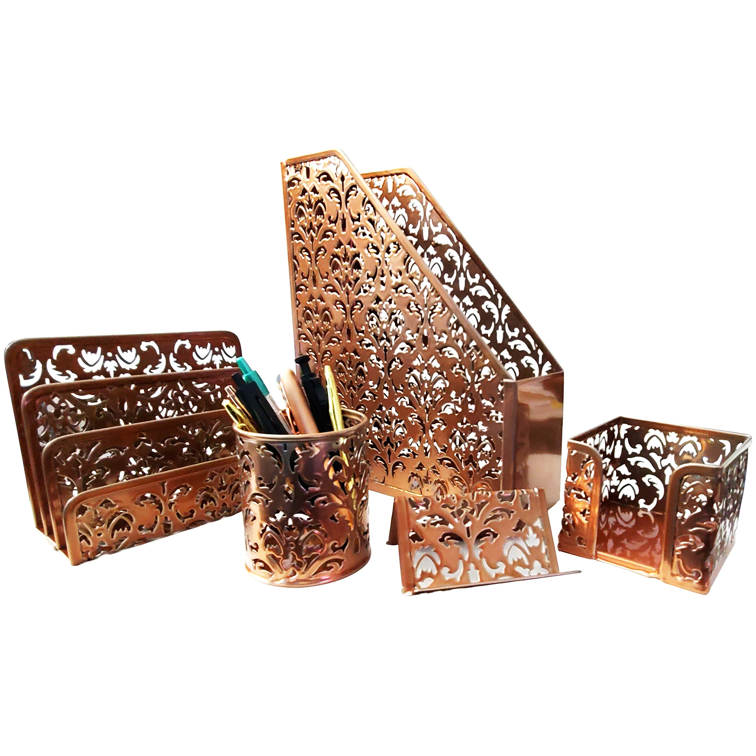 5-Piece Rose Gold Desk Organizer Set - Stylish Office & Home Workspace Accessory for Pens, Pencils, and Supplies - Perfect for Office, Study, or Dorm Room Organization