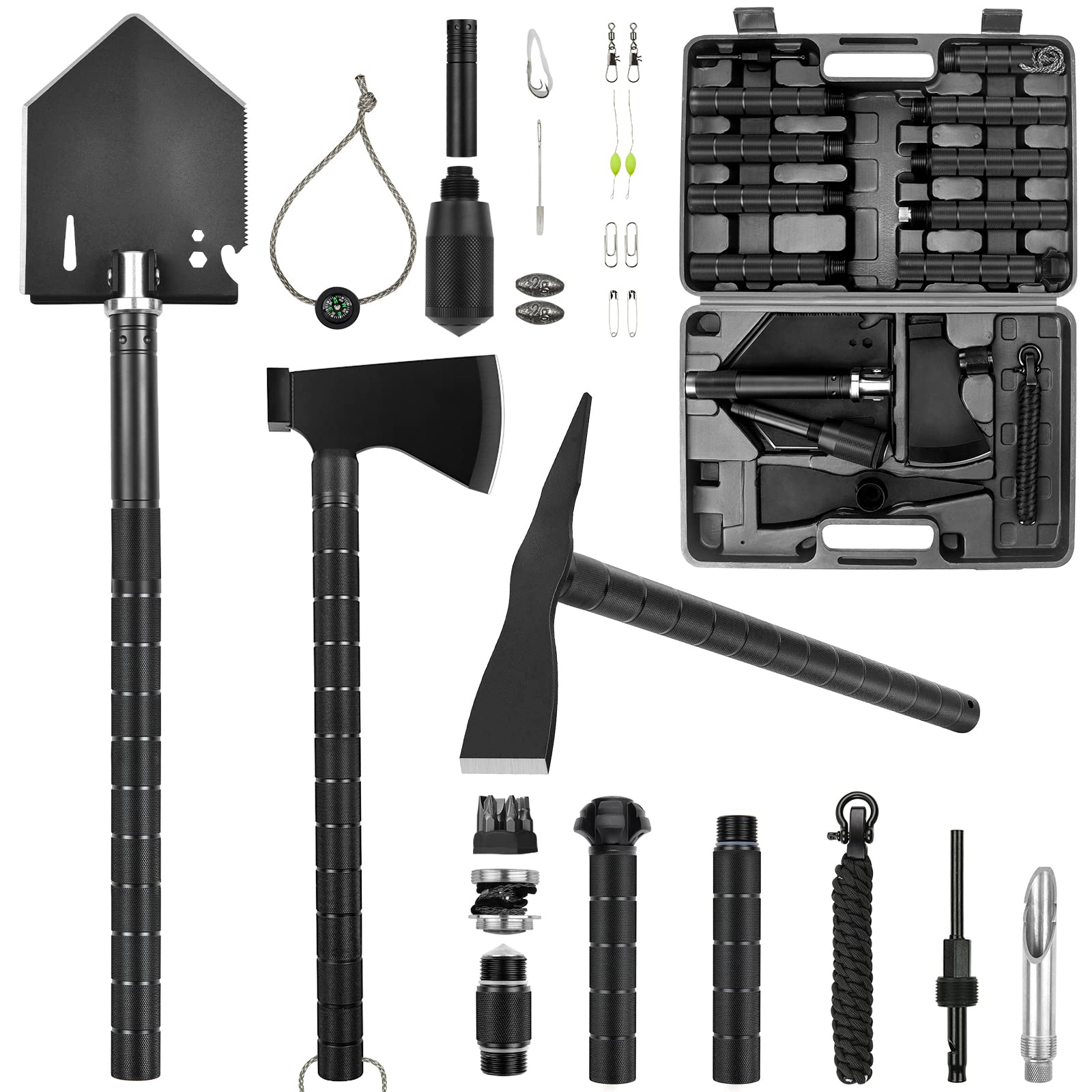Yeacool Survival Shovel Axe - Military Grade Folding Multi-Tool with Pickaxe & Carrying Case | Compact Off-Road Camping Shovel for Hiking, Metal Detecting & Emergency Preparedness | Perfect for Outdoor Adventures & Survival Kits
