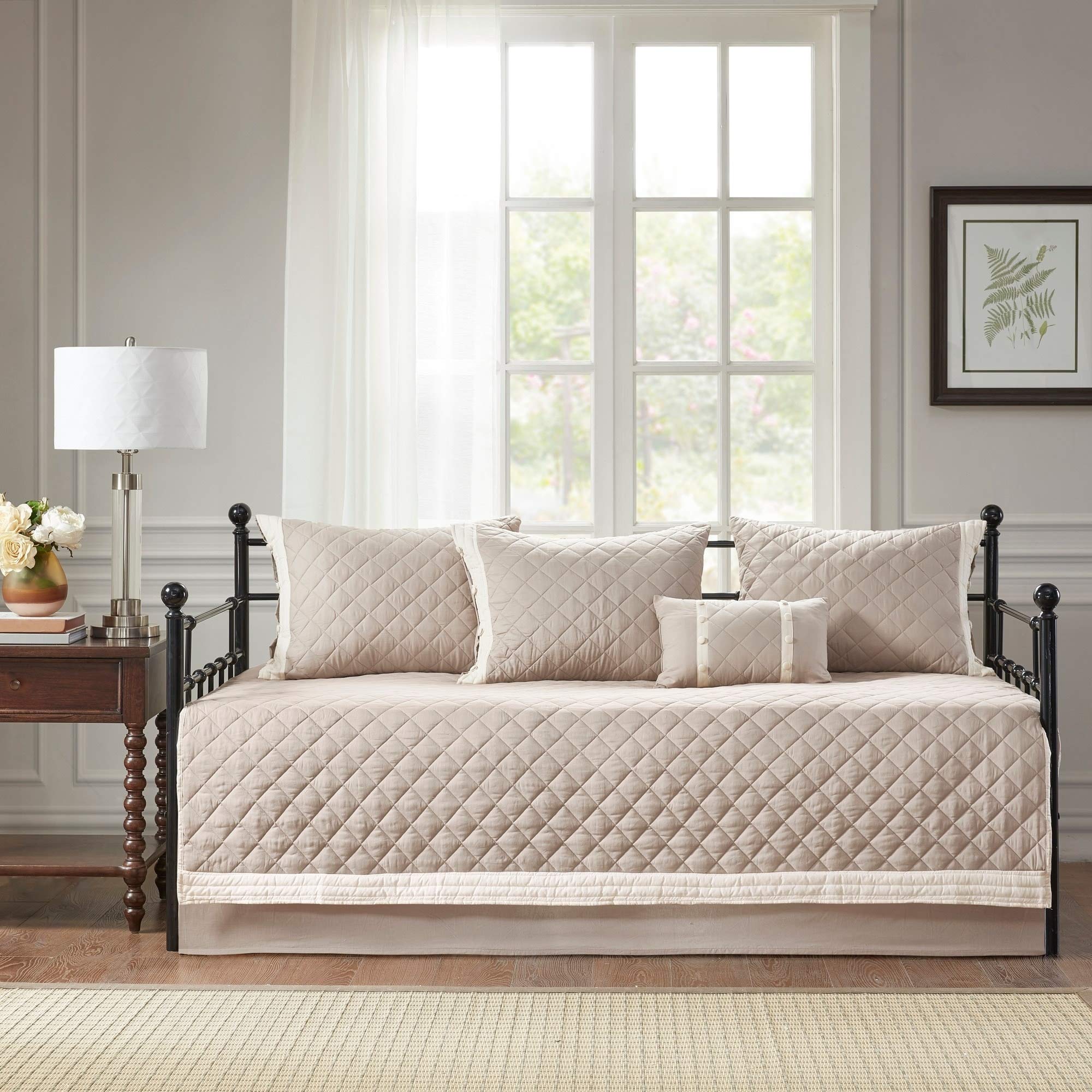 Khaki 6-Piece Cotton Daybed Cover Set - Brown Abstract Cottage Country Traditional Style Bedding for Guest Room, Dorm or Living Room Sofa