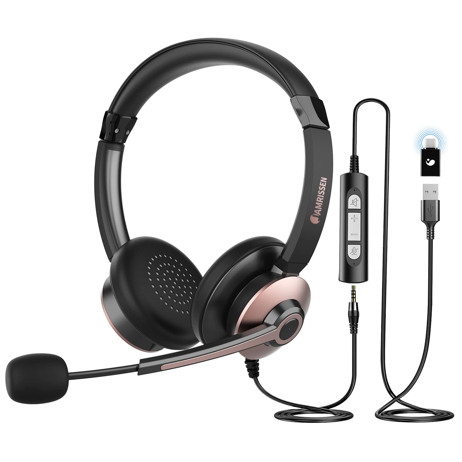 Noise Cancelling USB Headset with Microphone for PC & Laptop - 3.5mm Wired Gaming Headphones with Volume Control, Wide Compatibility for MS Teams/Skype/Zoom Calls, Includes USB-C Adapter for Cell Phones - Perfect for Remote Work, Online Classes & Video Conferencing